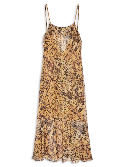 Vestido Midi Camada Decote U Pintada - Marrom
