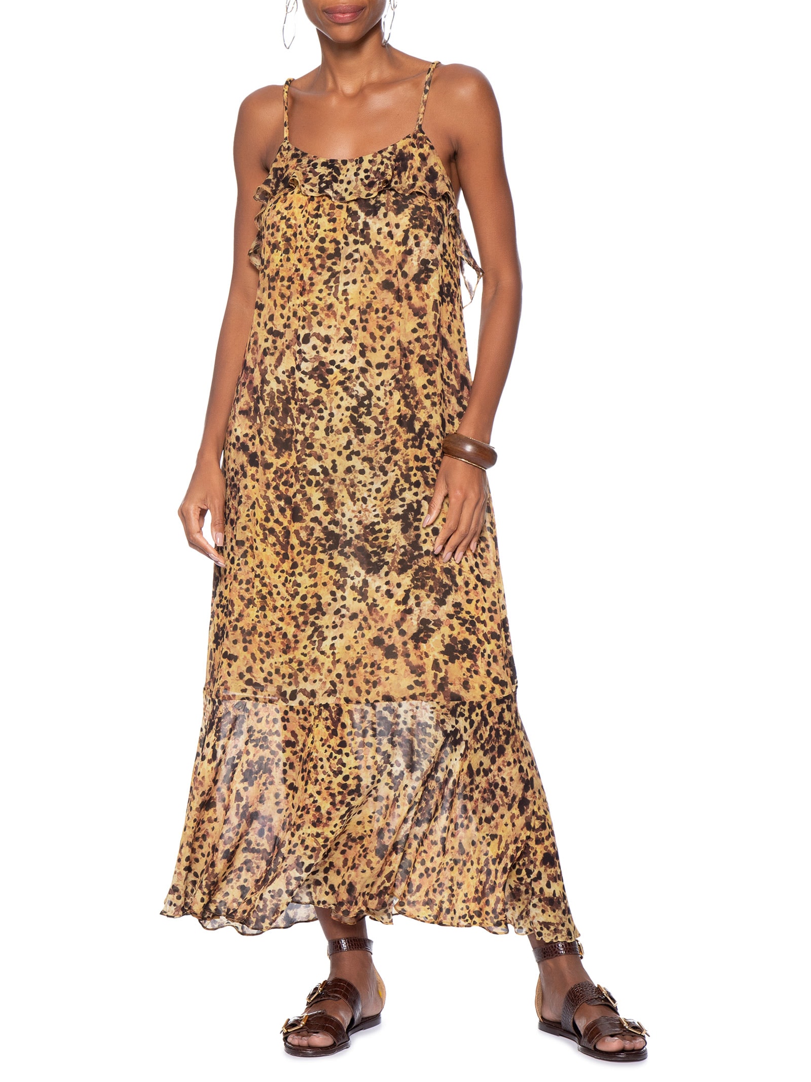 Vestido Midi Camada Decote U Pintada Marrom Animale