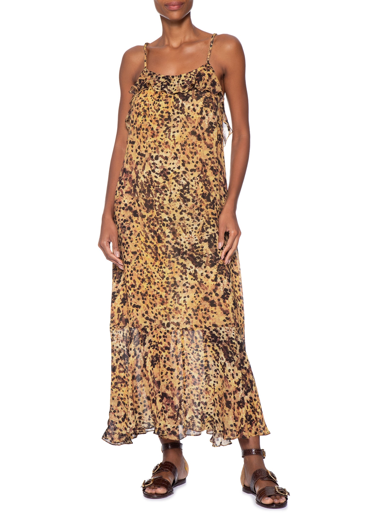 Vestido Midi Camada Decote U Pintada Marrom Animale
