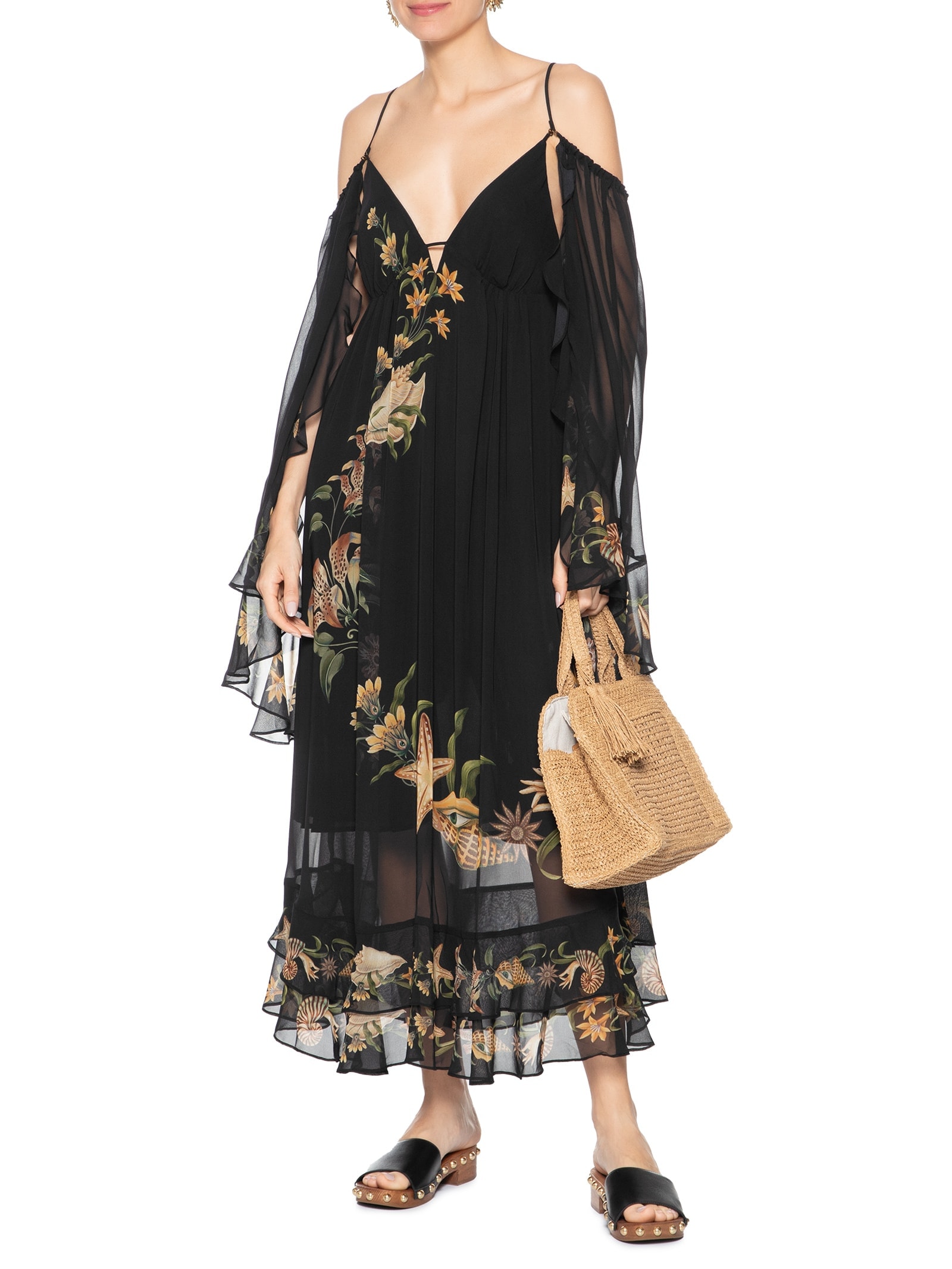 Vestido Midi Capa Concha Surreal Preto Farm