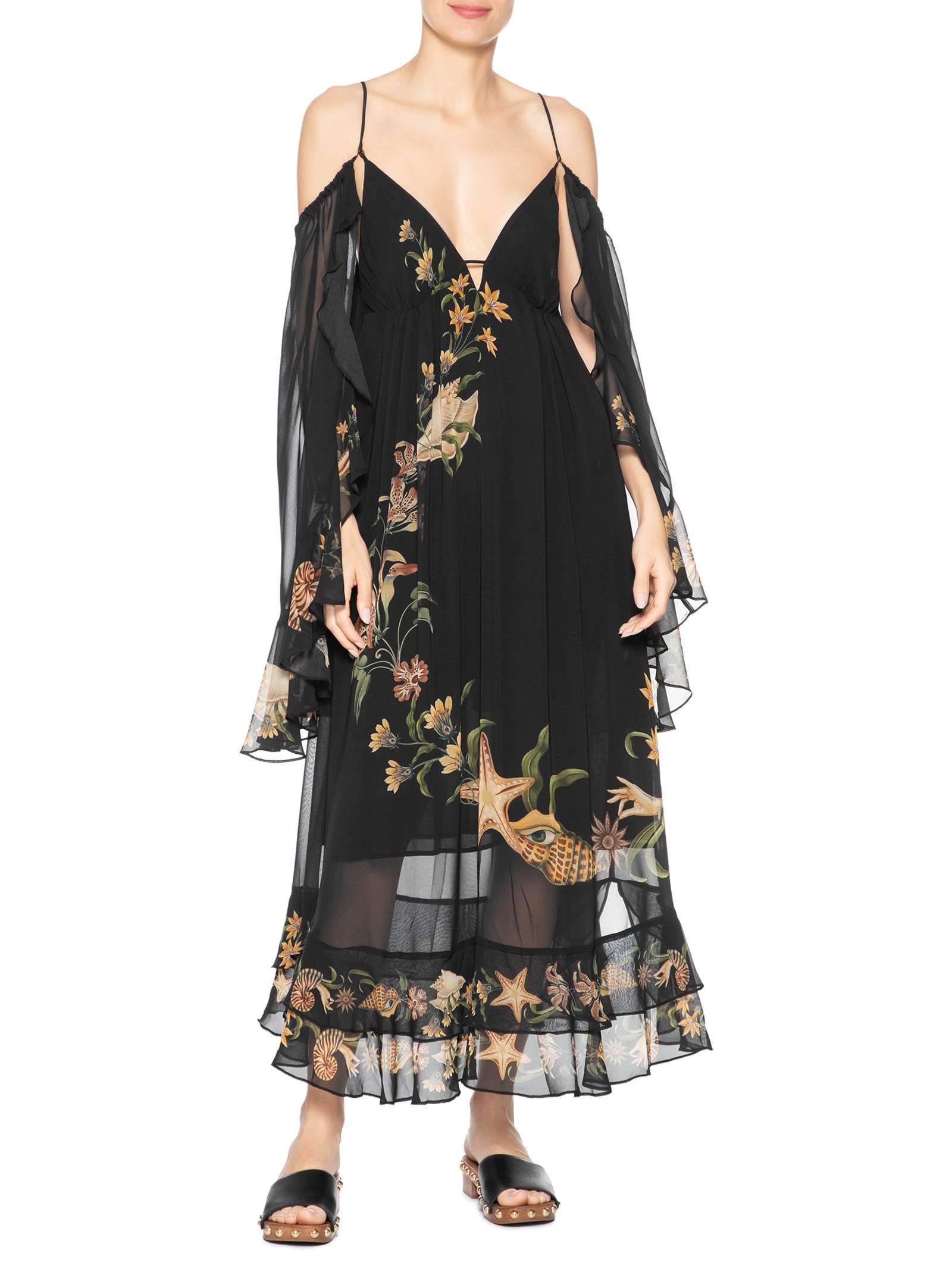 Vestido Midi Capa Concha Surreal Preto Farm