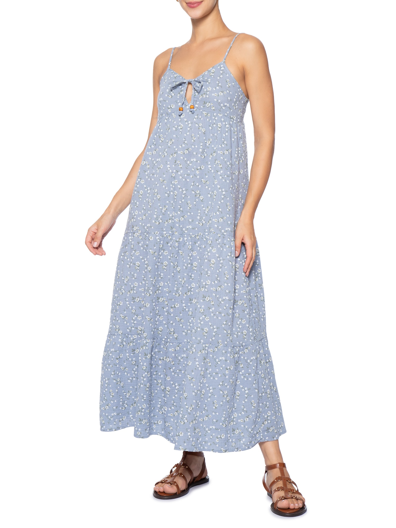 Vestido Midi Com Amarração Estampado Azul Basiq