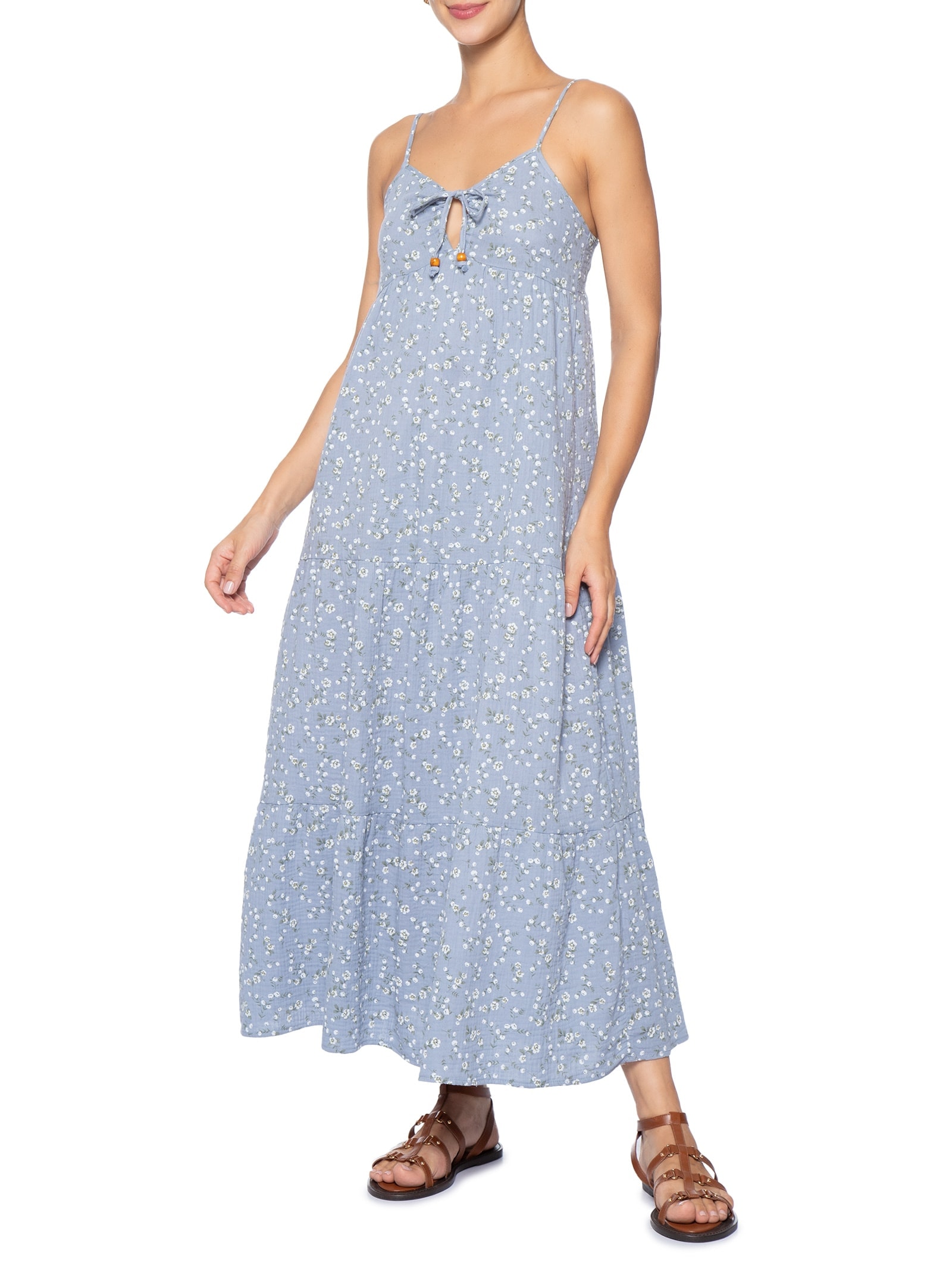 Vestido Midi Com Amarração Estampado Azul Basiq