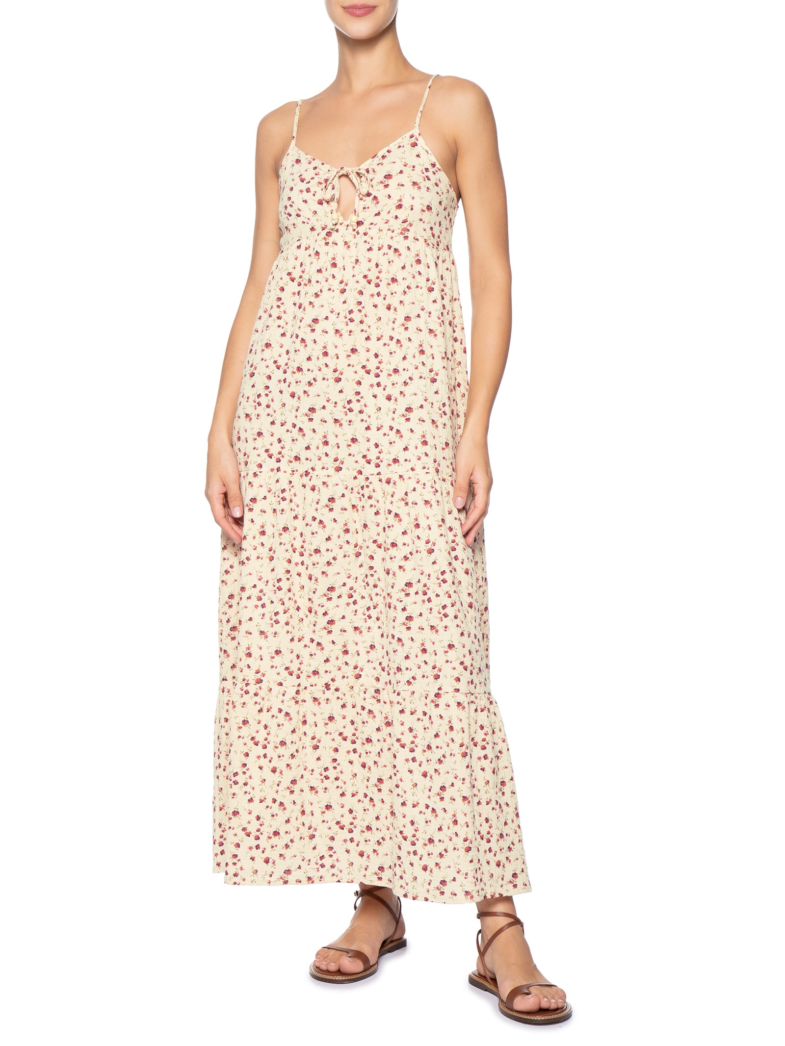 Vestido Midi Com Amarração Estampado Bege Basiq