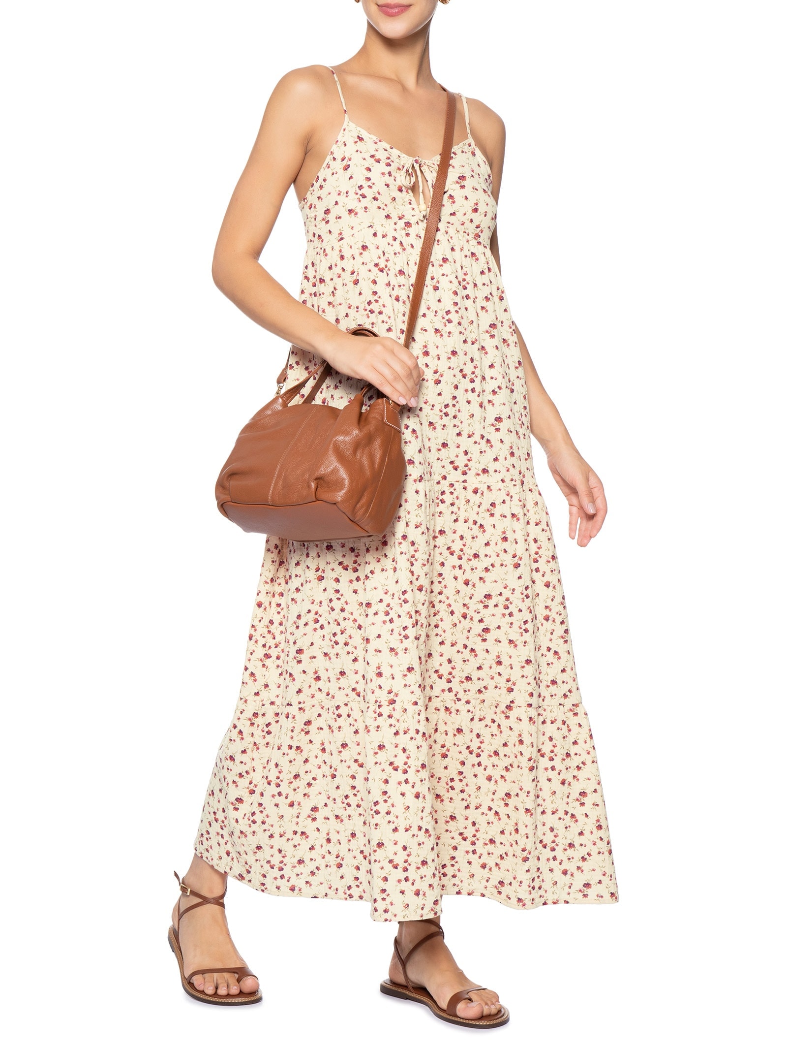 Vestido Midi Com Amarração Estampado Bege Basiq