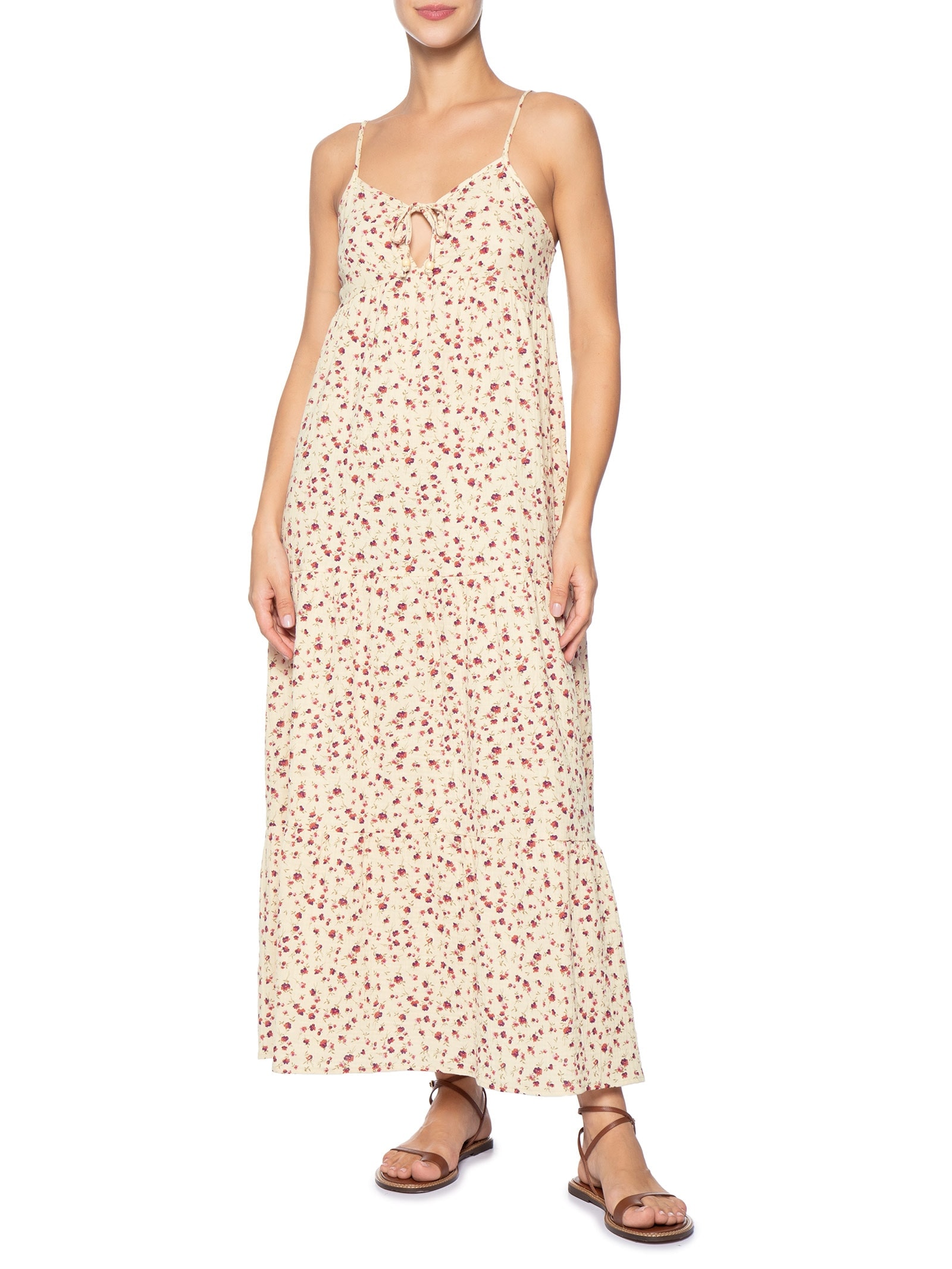 Vestido Midi Com Amarração Estampado Bege Basiq