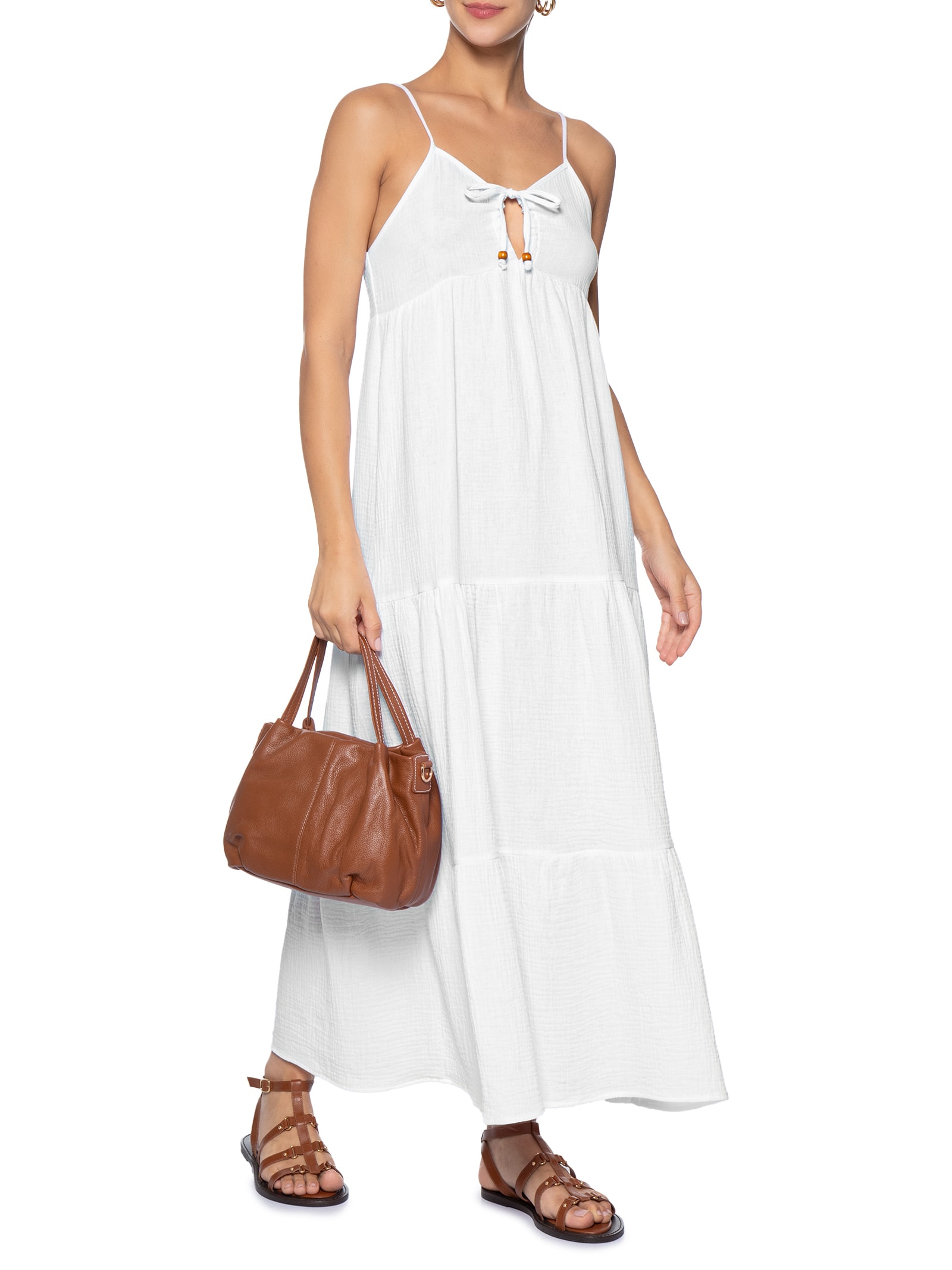 Vestido Midi Com Amarração Estampado Branco Basiq