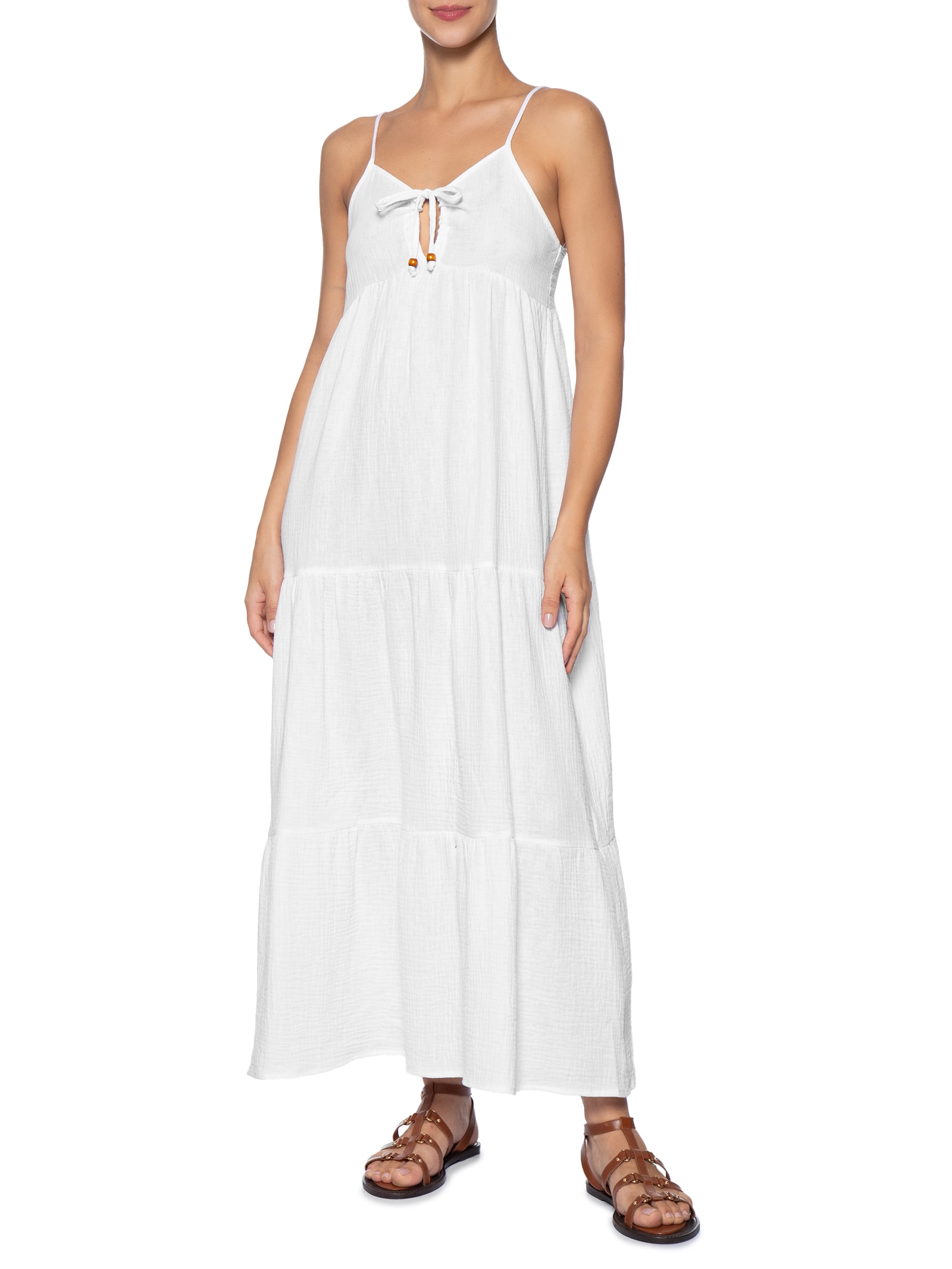 Vestido Midi Com Amarração Estampado Branco Basiq