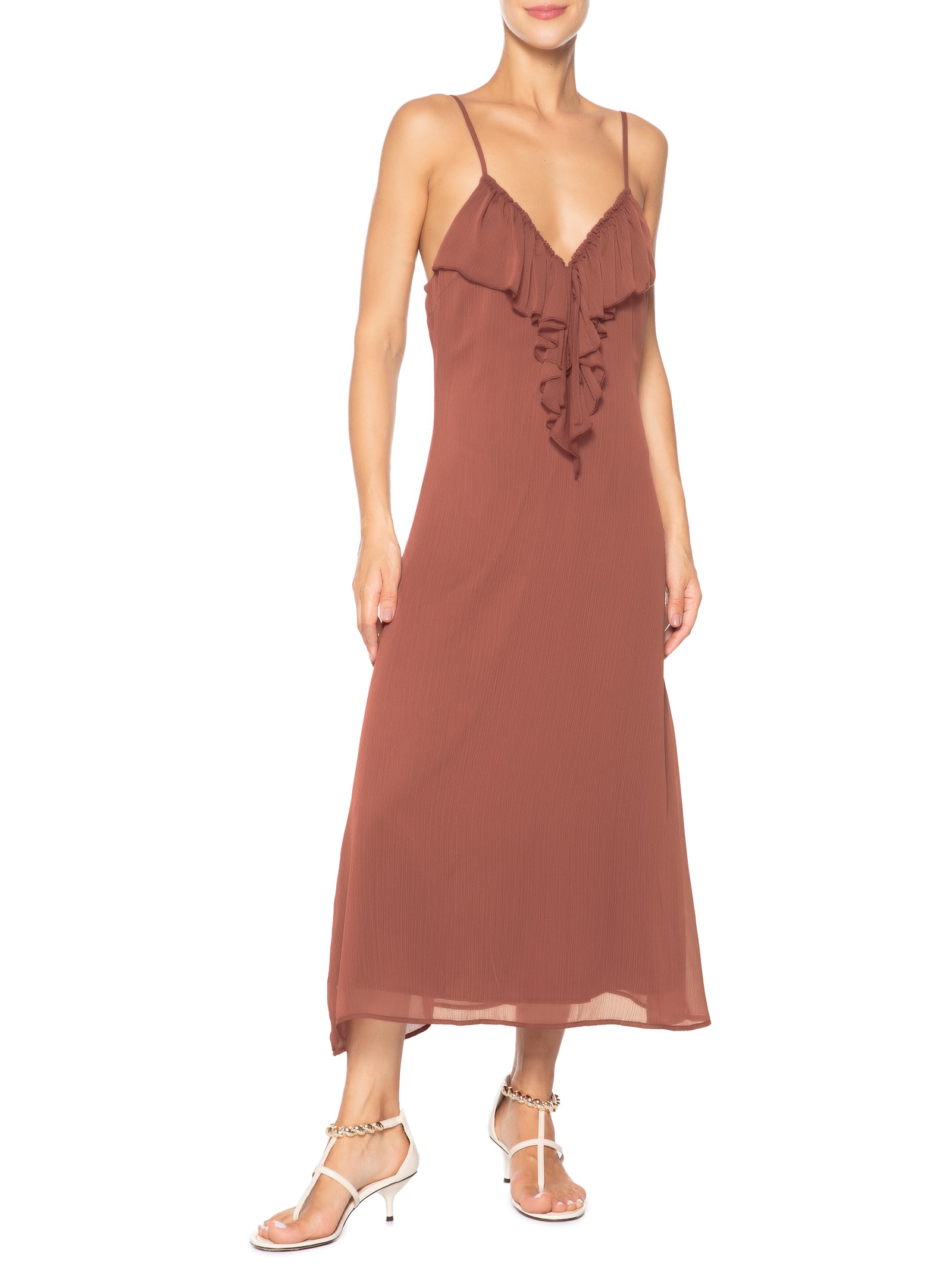 Vestido Midi Com Babado Marrom Market 33