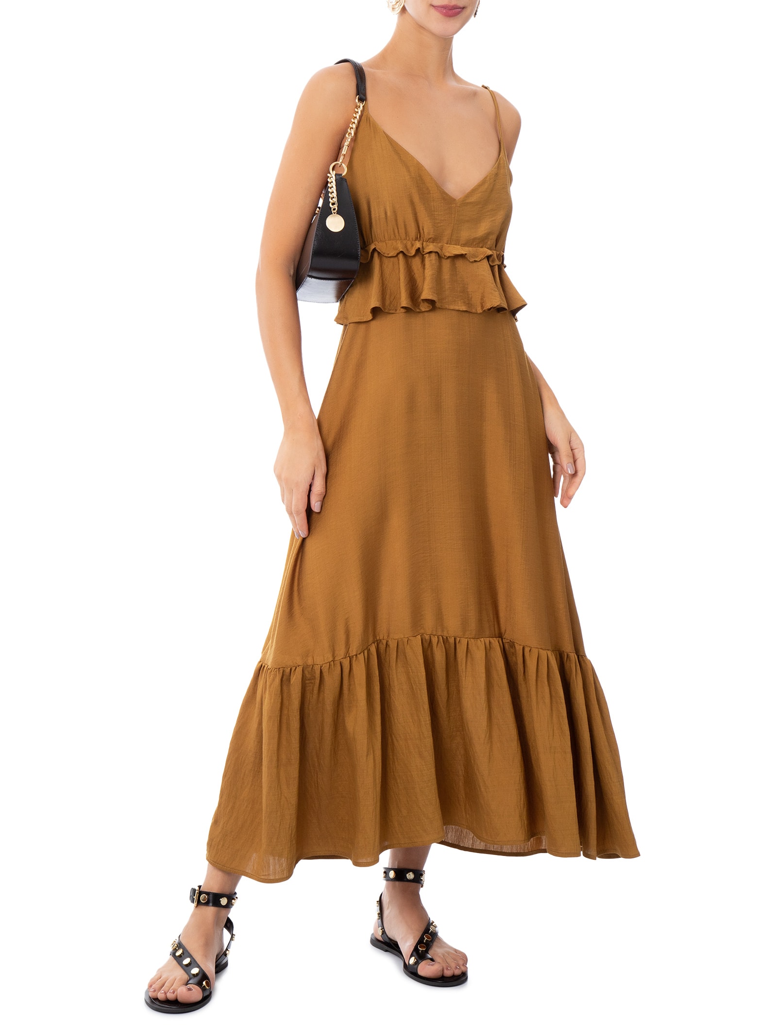 Vestido Midi com Babados Marrom Market 33
