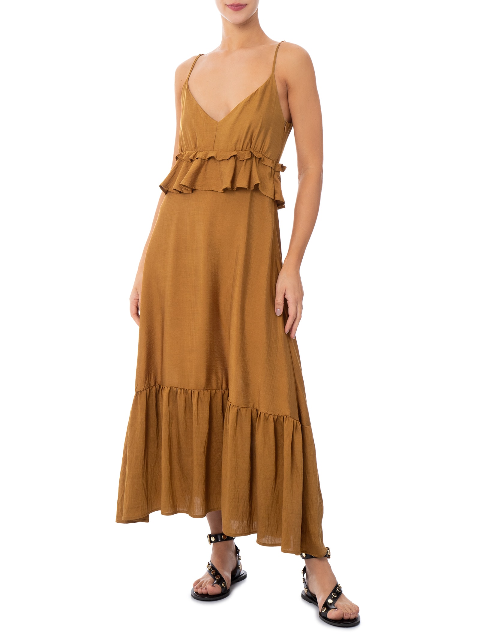 Vestido Midi com Babados Marrom Market 33