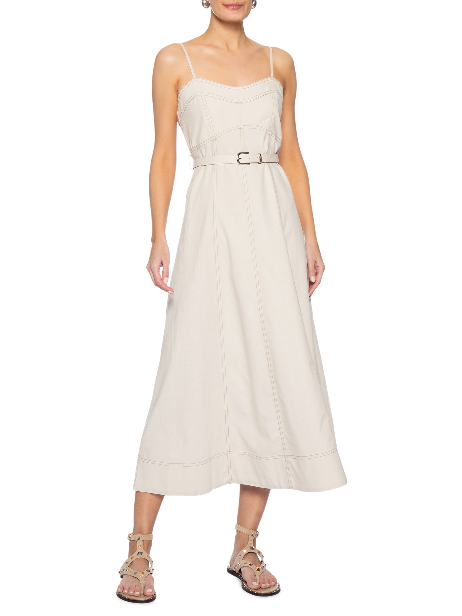 Vestido Midi Com Cinto Bege Basiq