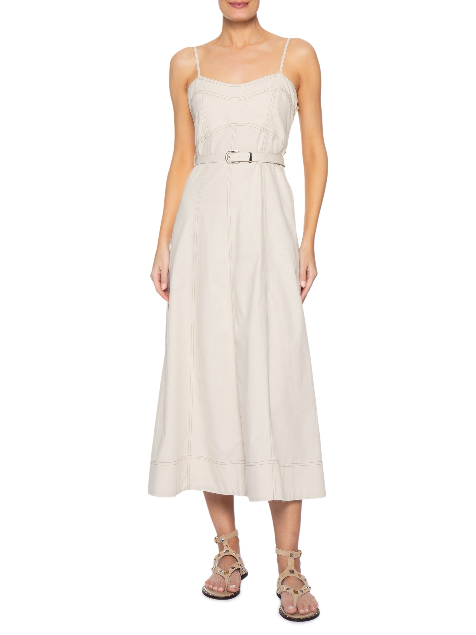 Vestido Midi Com Cinto Bege Basiq