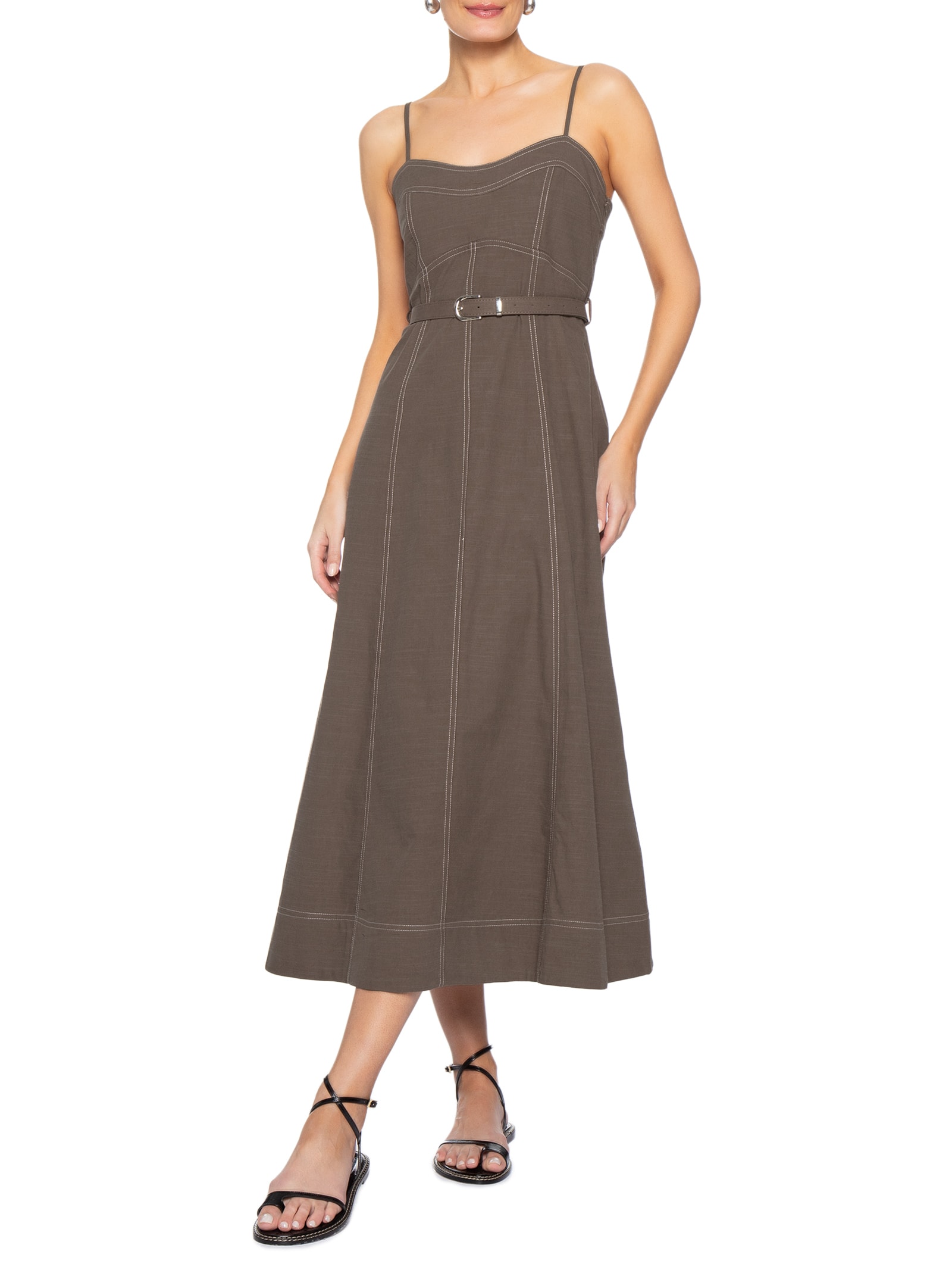 Vestido Midi Com Cinto Marrom Basiq