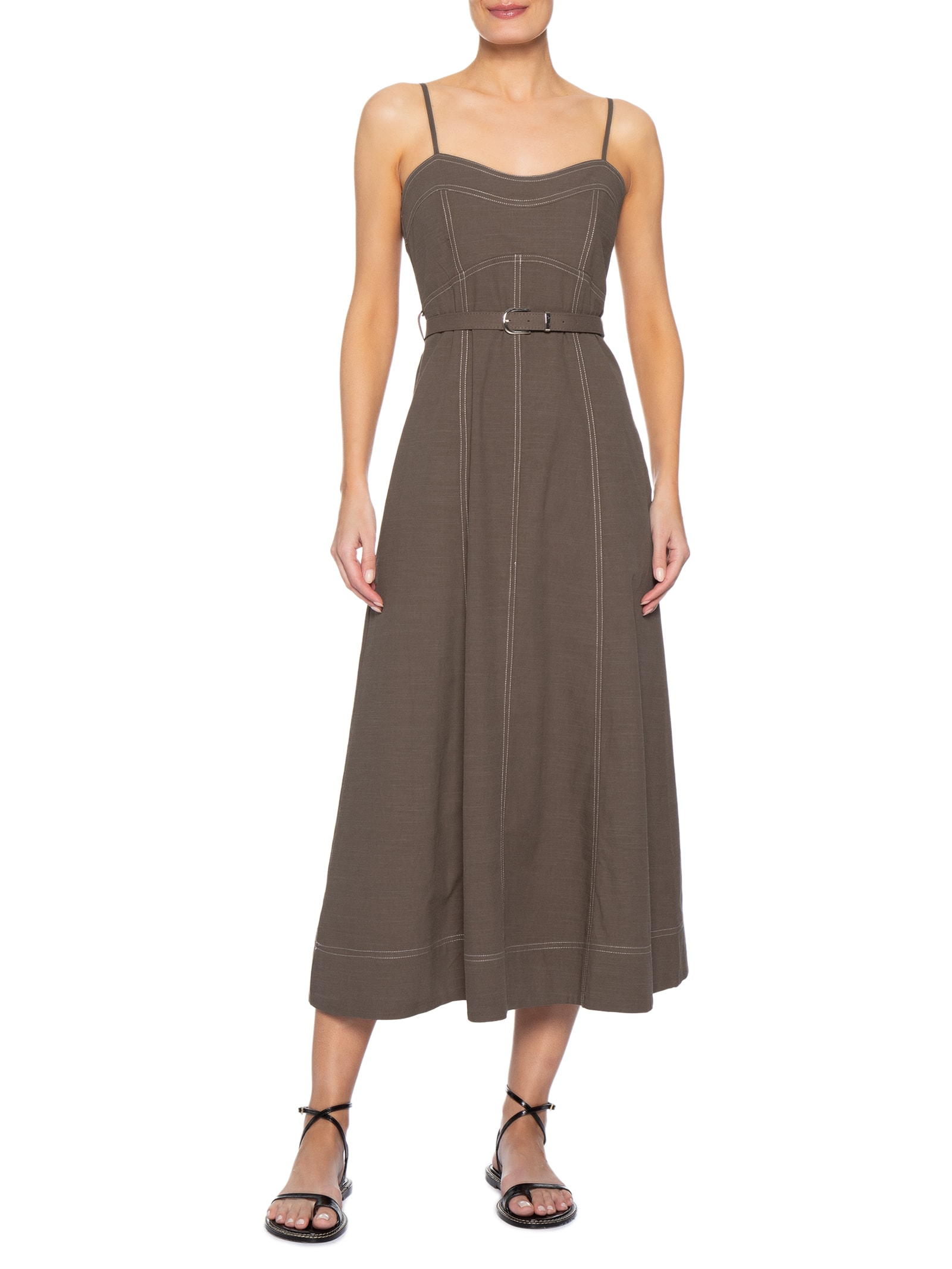Vestido Midi Com Cinto Marrom Basiq
