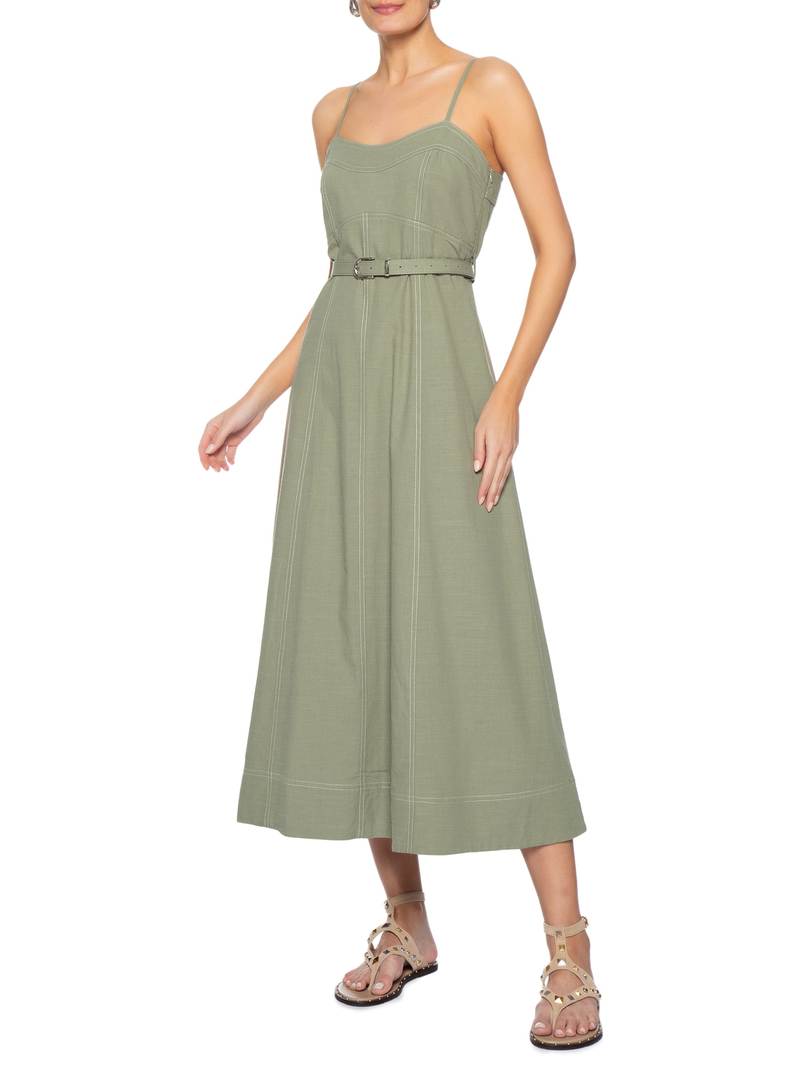 Vestido Midi Com Cinto Verde Basiq