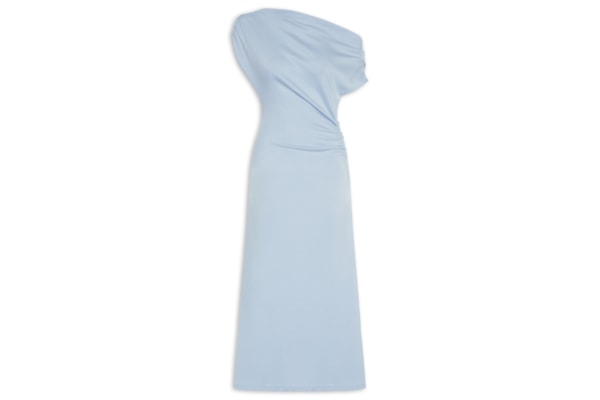 Vestido Midi Com Decote Assimétrico E Franzido Em Malha - Azul