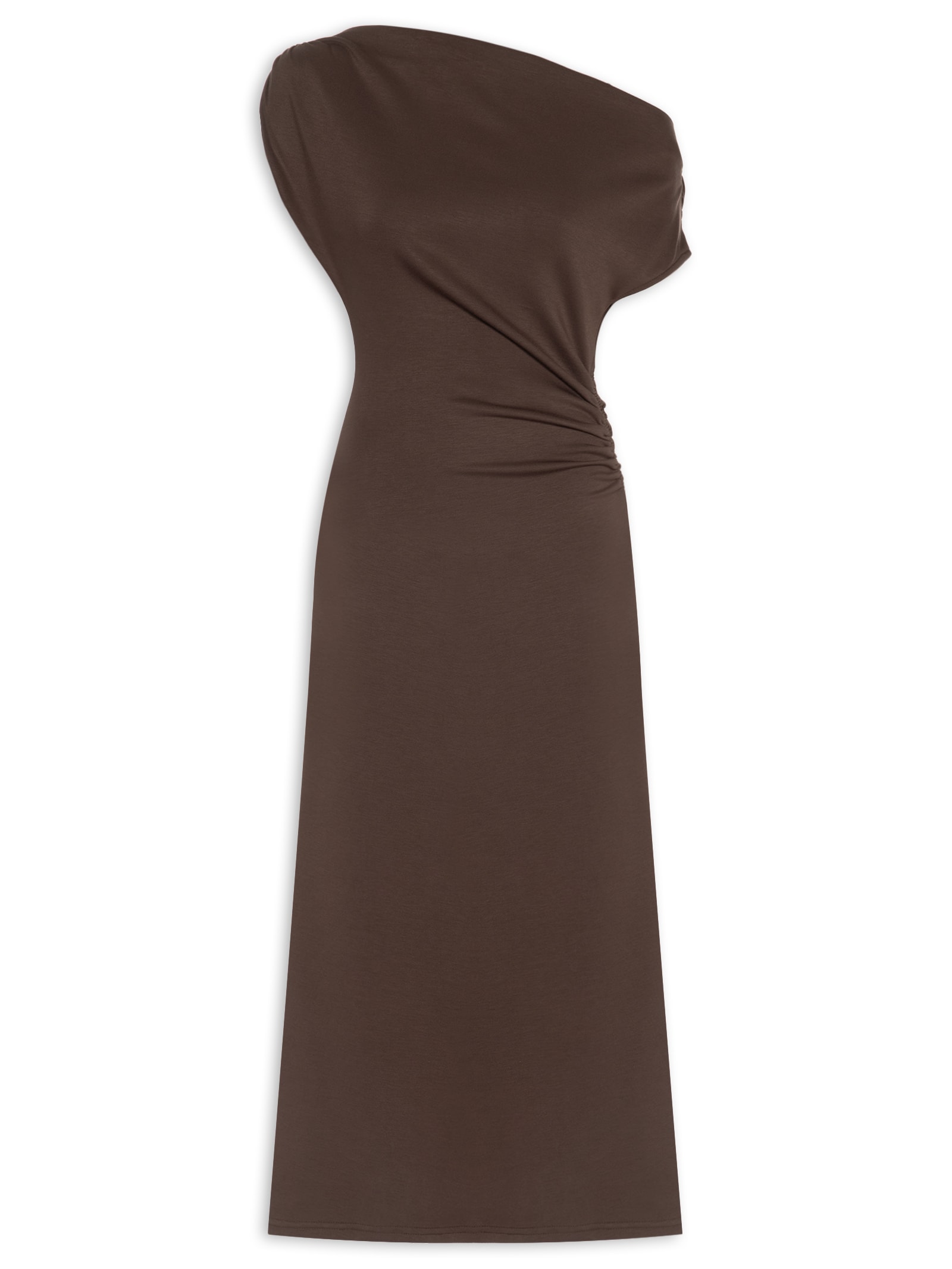 Vestido Midi Com Decote Assimétrico E Franzido Em Malha Marrom '2Essential