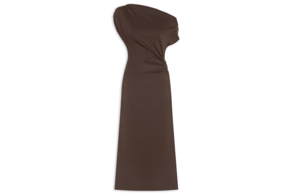 Vestido Midi Com Decote Assimétrico E Franzido Em Malha - Marrom