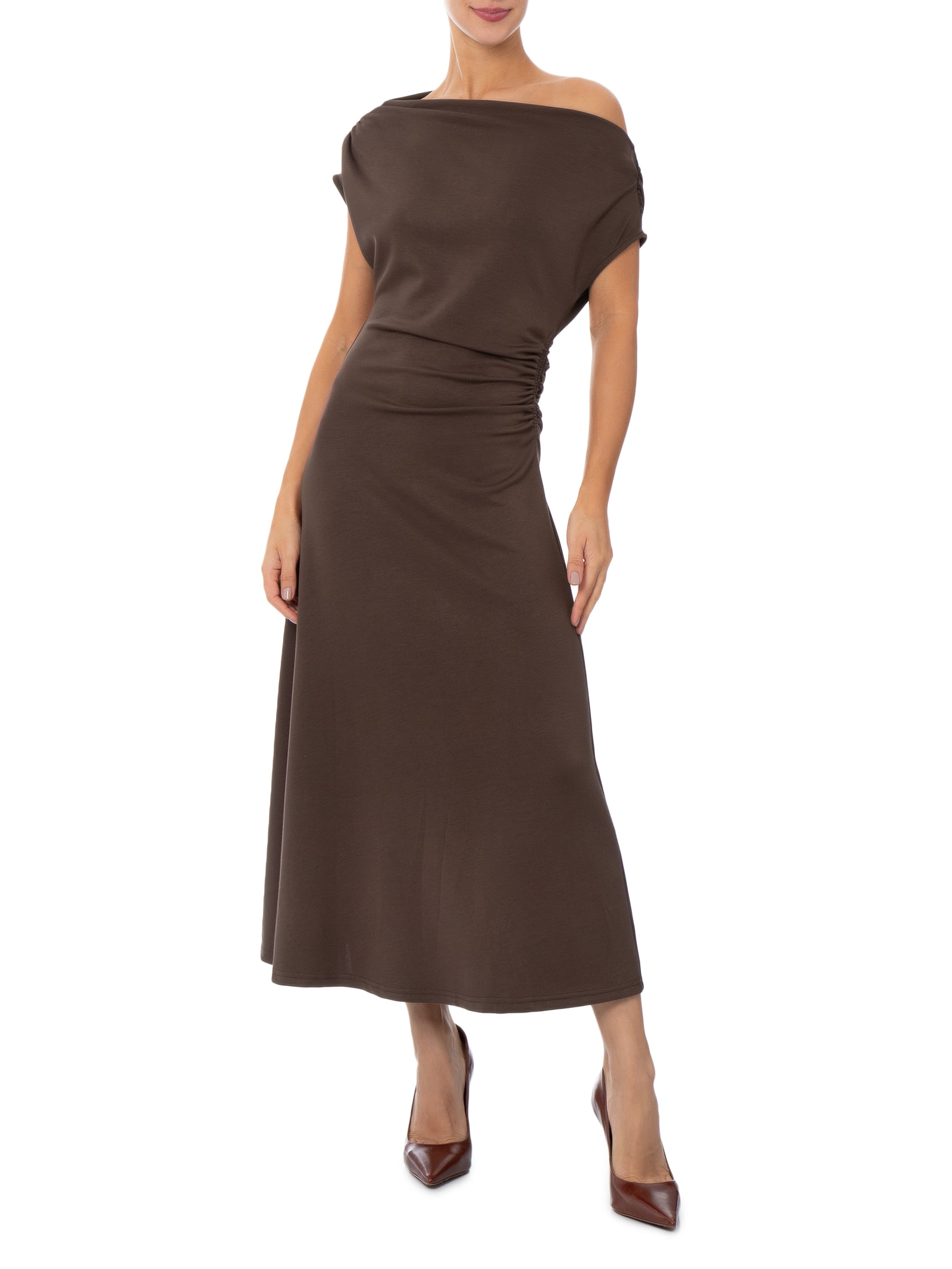 Vestido Midi Com Decote Assimétrico E Franzido Em Malha Marrom '2Essential