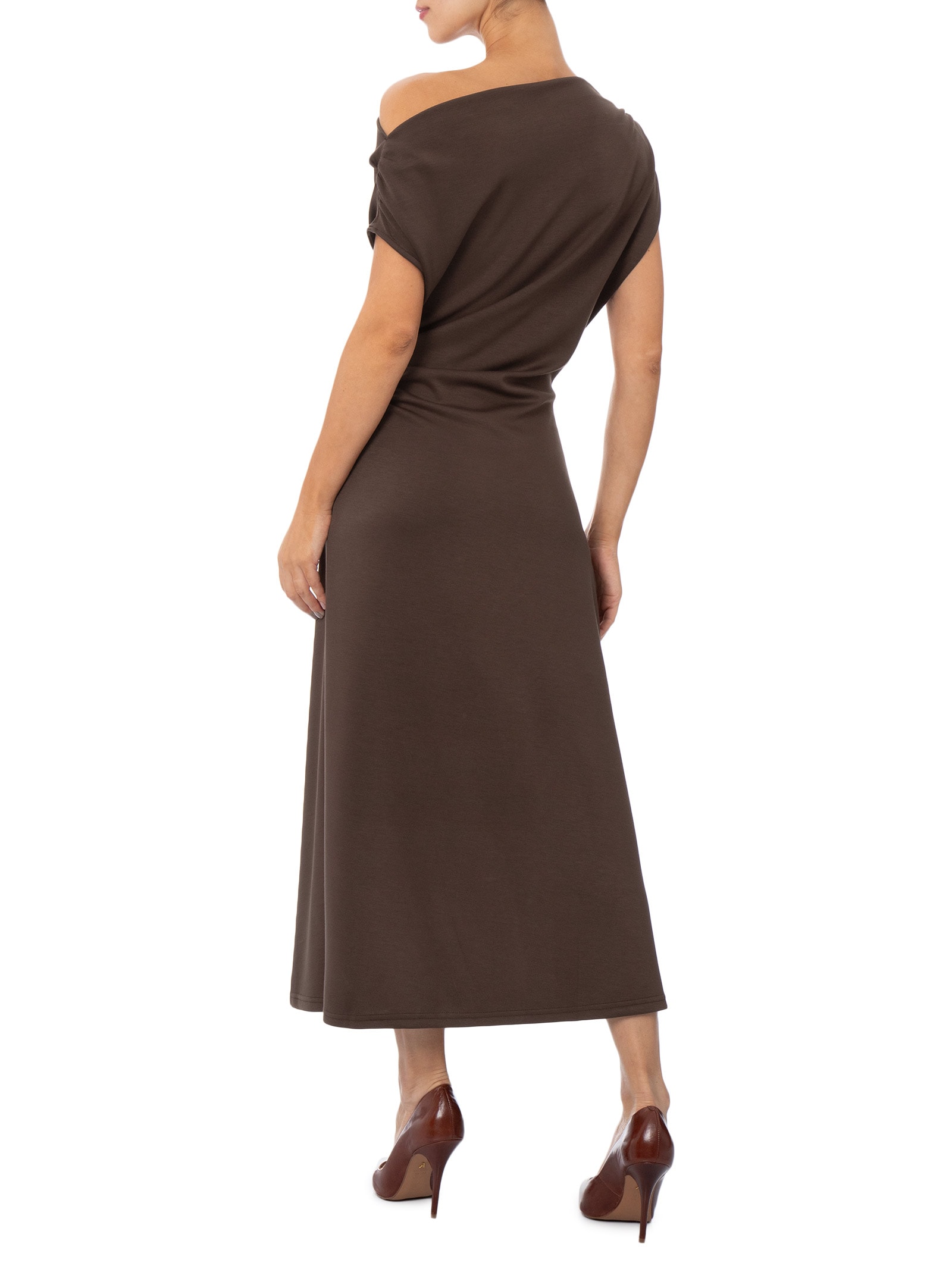 Vestido Midi Com Decote Assimétrico E Franzido Em Malha Marrom '2Essential