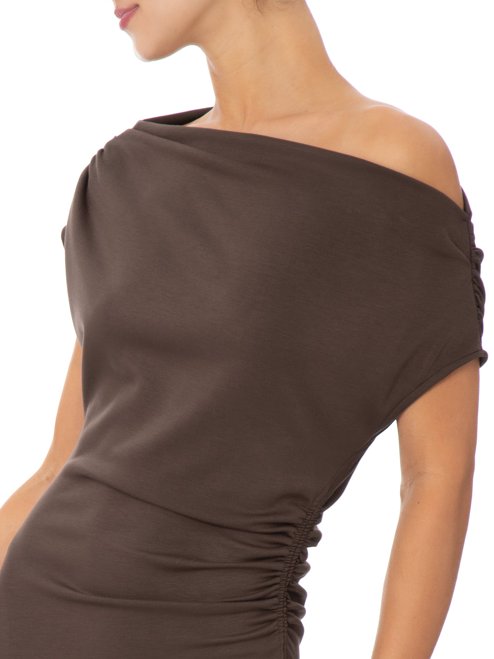 Vestido Midi Com Decote Assimétrico E Franzido Em Malha Marrom '2Essential