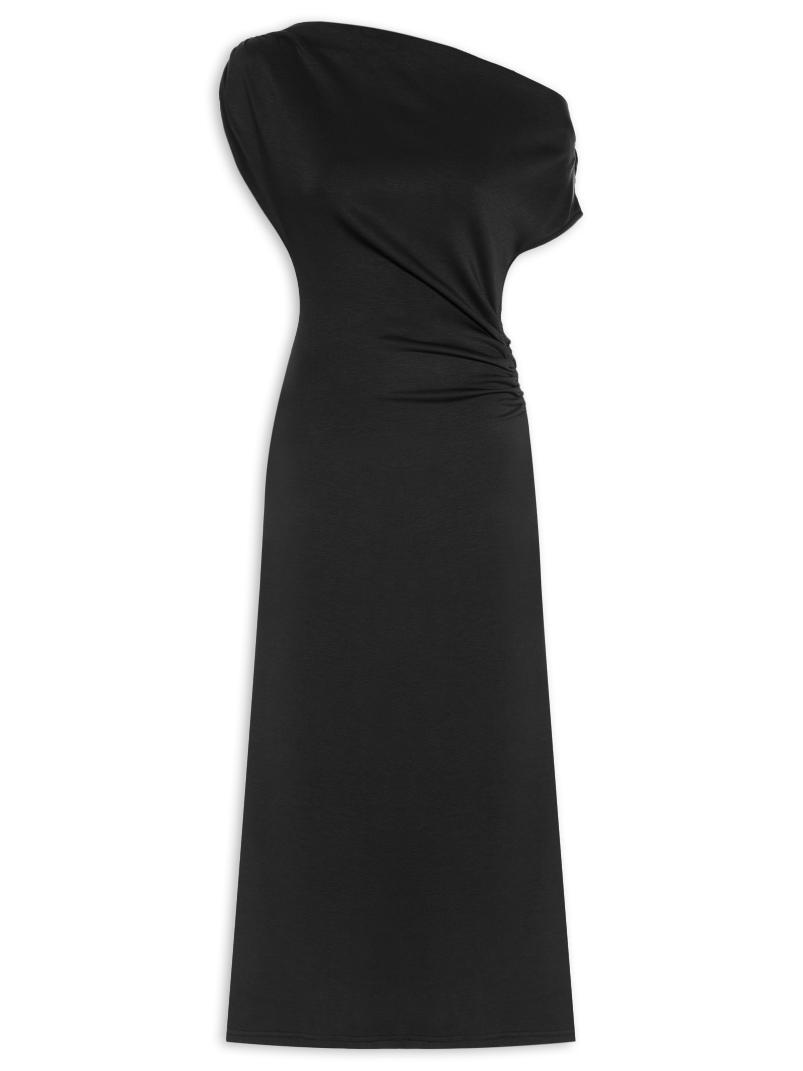 Vestido Midi Com Decote Assimétrico E Franzido Em Malha Preto '2Essential