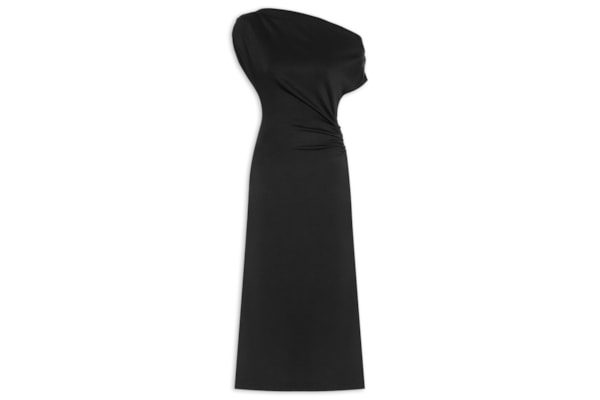 Vestido Midi Com Decote Assimétrico E Franzido Em Malha - Preto