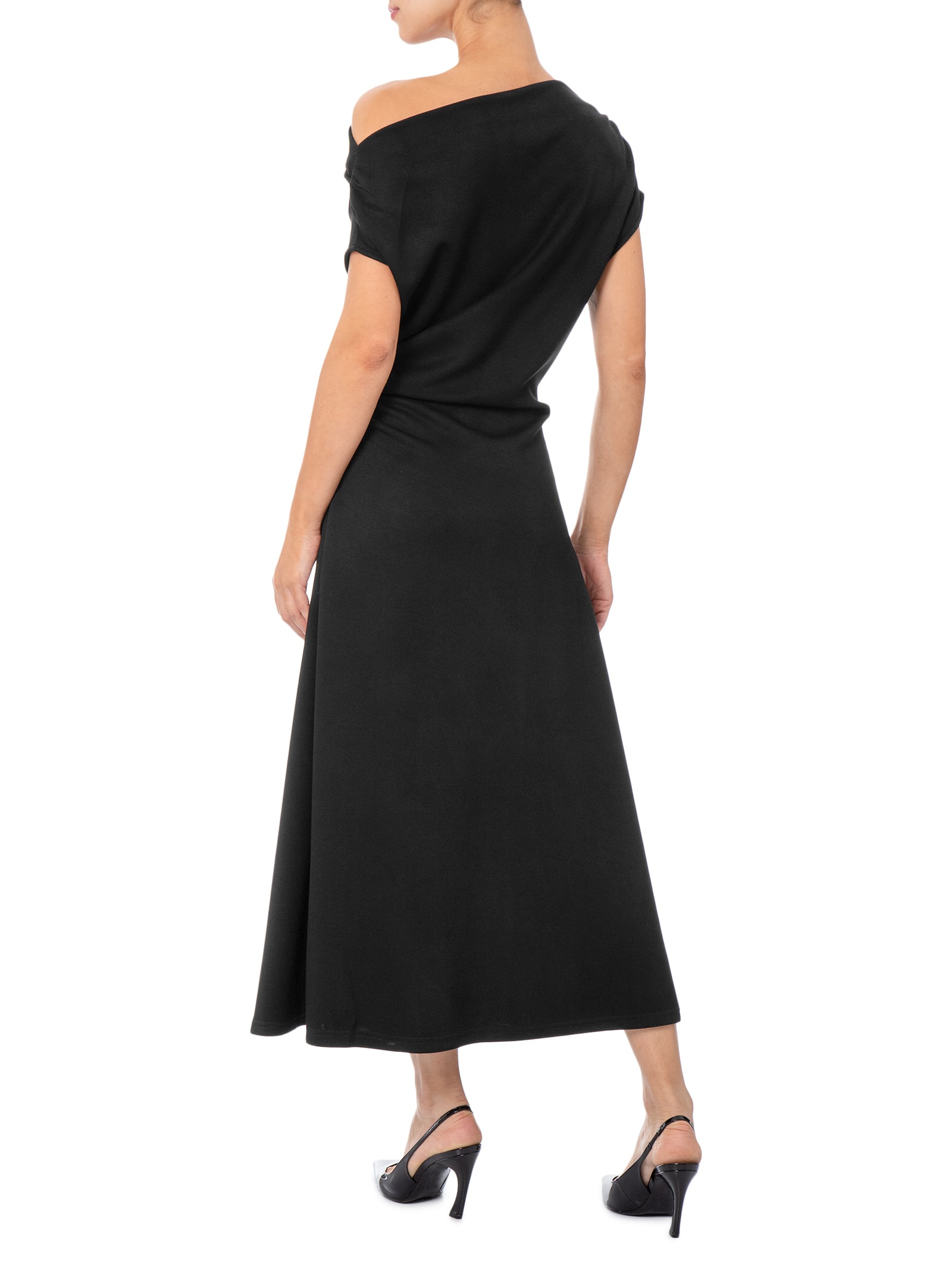 Vestido Midi Com Decote Assimétrico E Franzido Em Malha Preto '2Essential