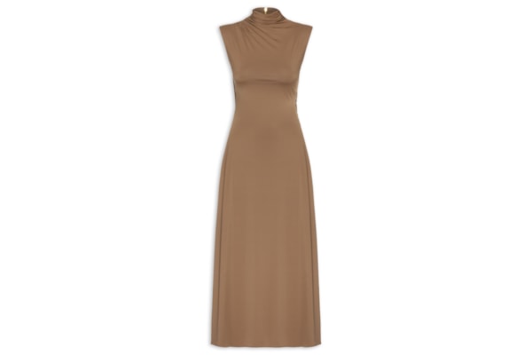 Vestido Midi Com Decote Costas Profundo Com Drapeados - Marrom