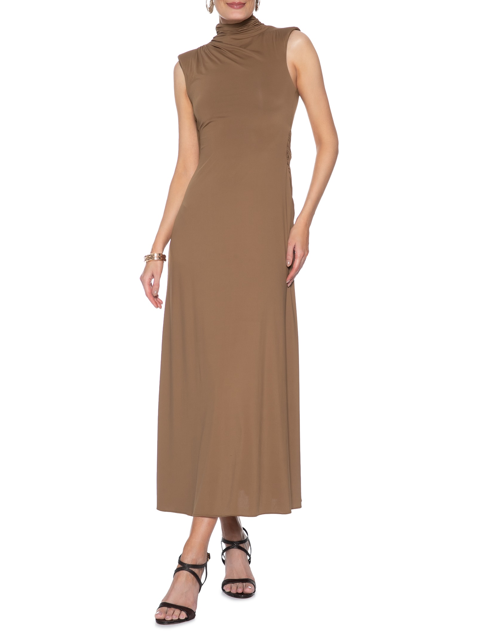 Vestido Midi Com Decote Costas Profundo Com Drapeados Marrom '2Essential