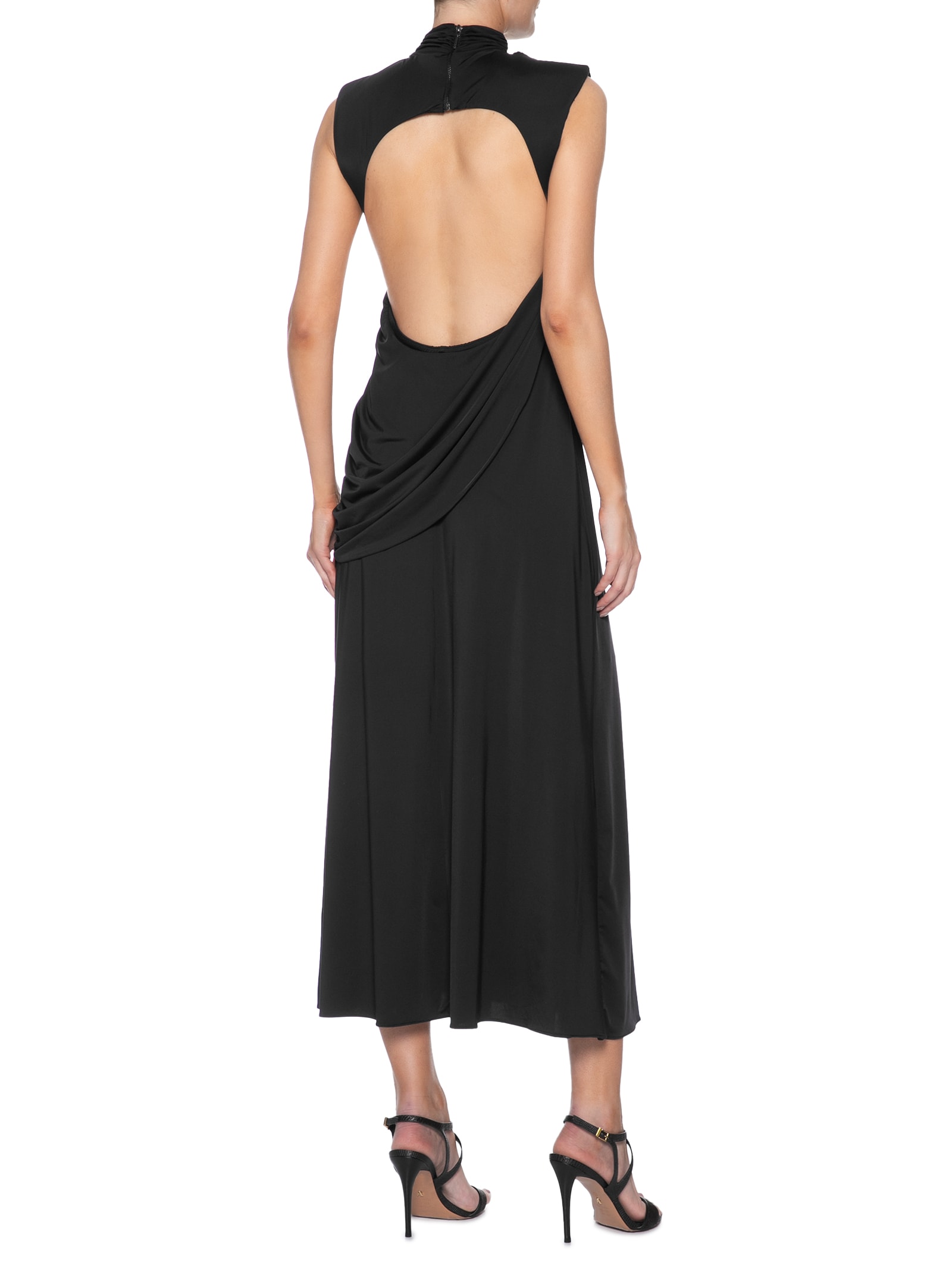Vestido Midi Com Decote Costas Profundo Com Drapeados Preto '2Essential