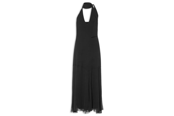 Vestido Midi Com Decote V Em Seda Pura - Preto