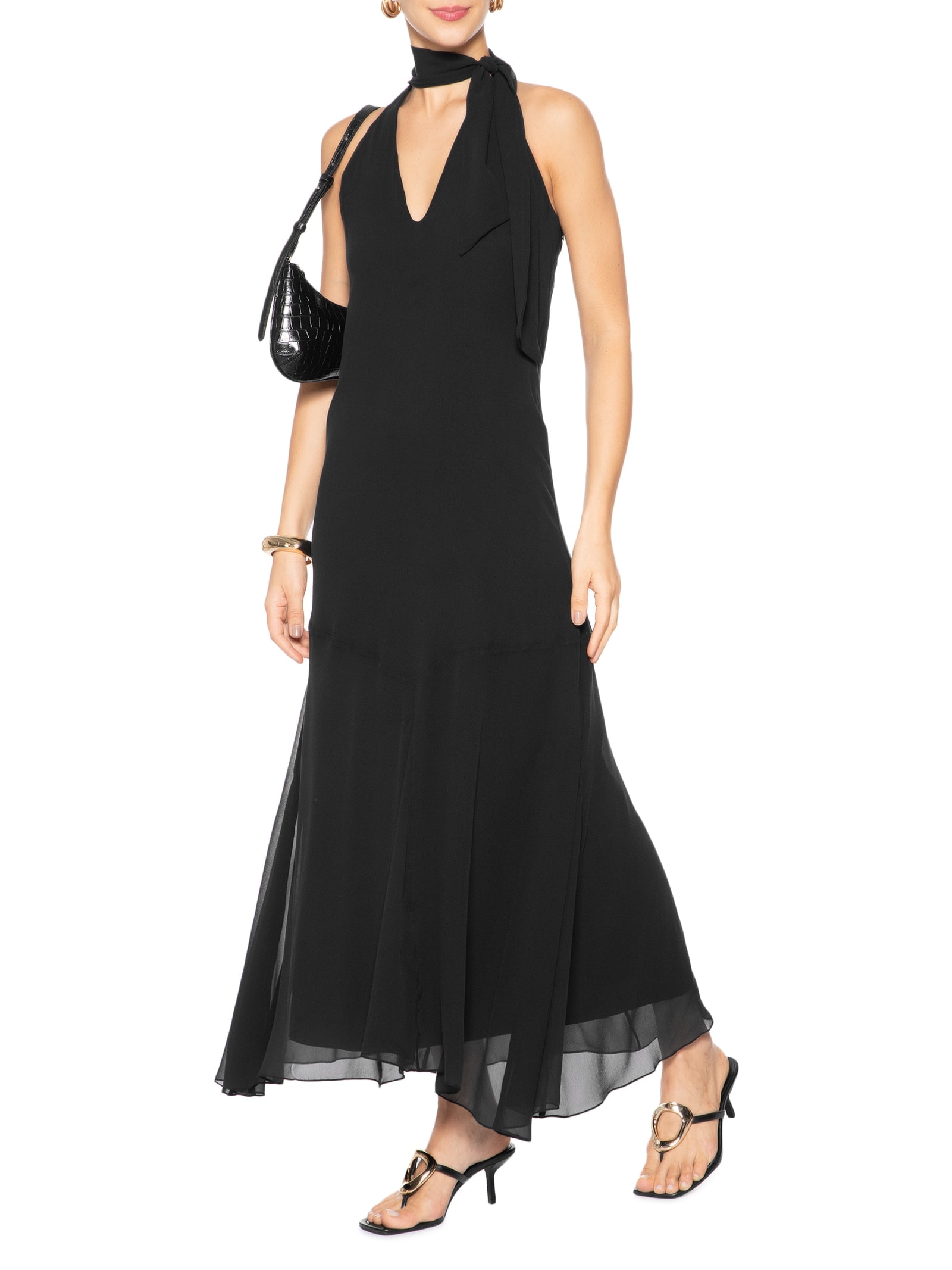 Vestido Midi Com Decote V Em Seda Pura Preto '2Essential