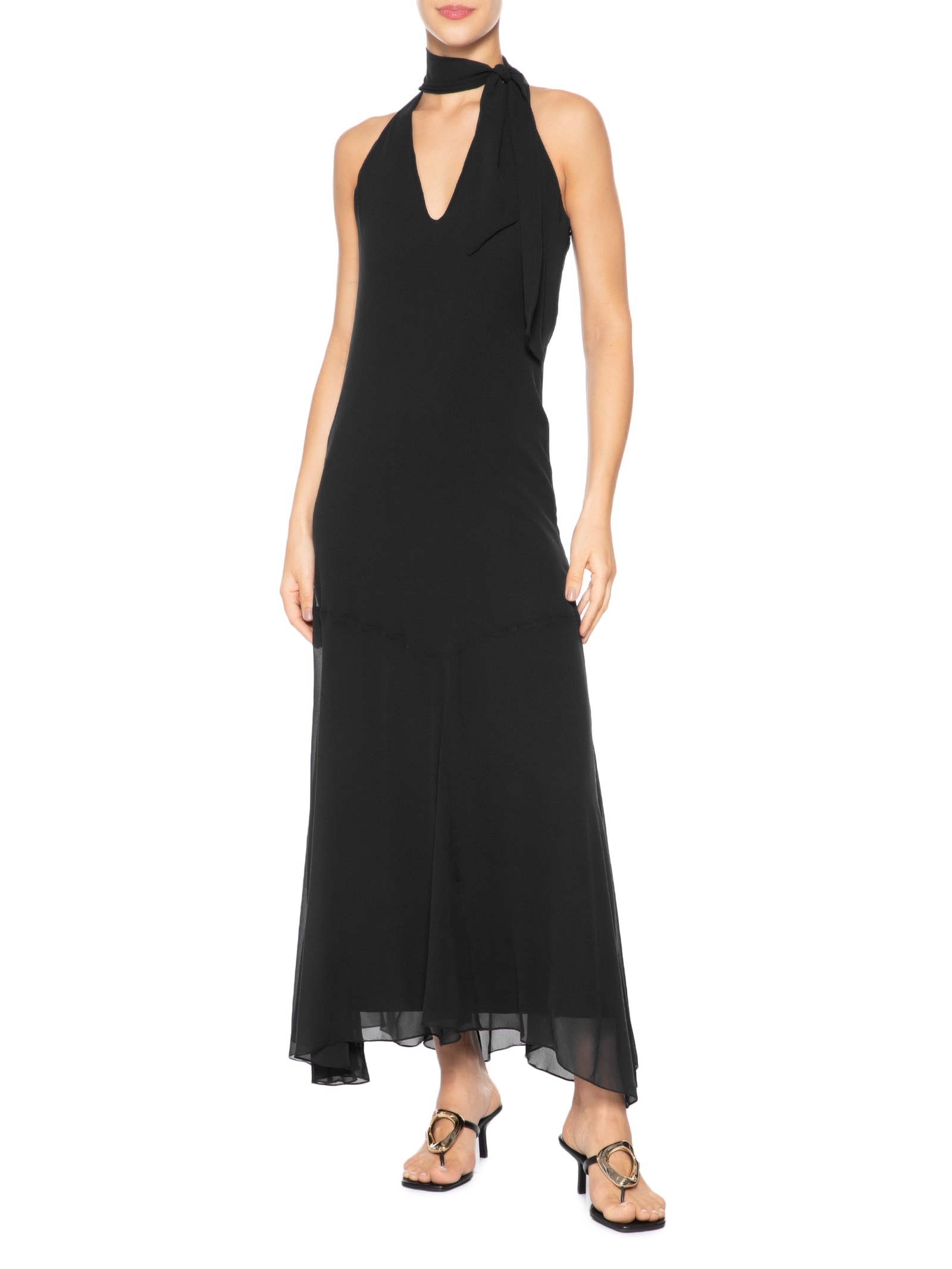 Vestido Midi Com Decote V Em Seda Pura Preto '2Essential