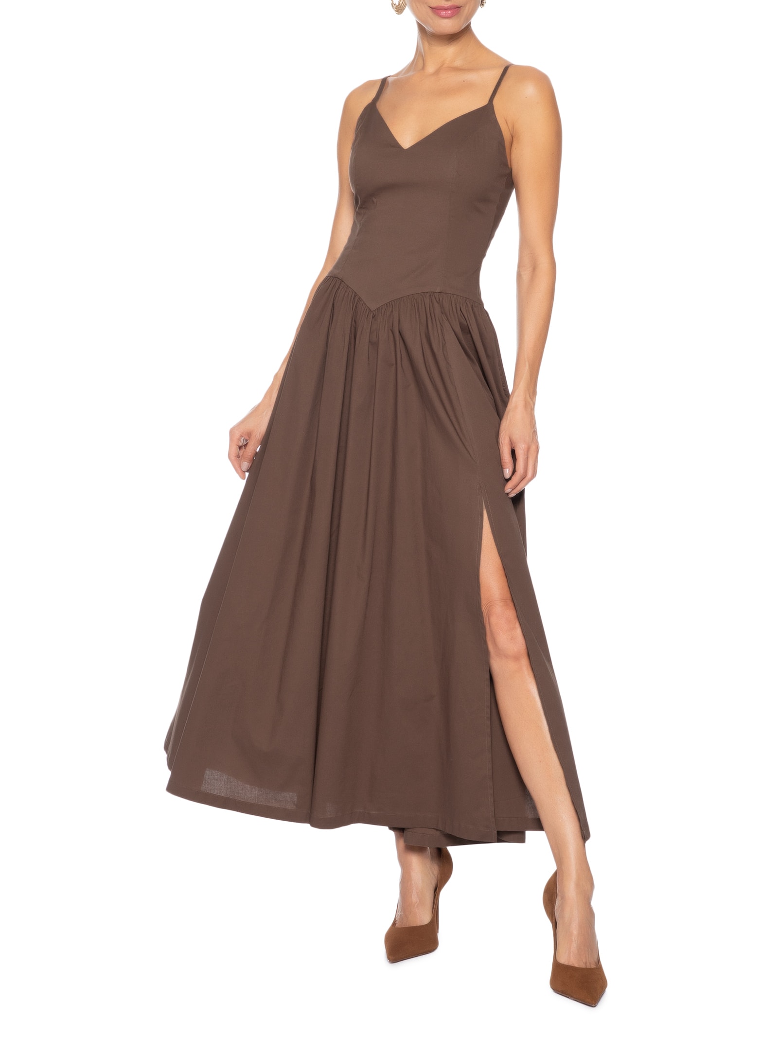 Vestido Midi Com Fenda Lateral Marrom '2Essential
