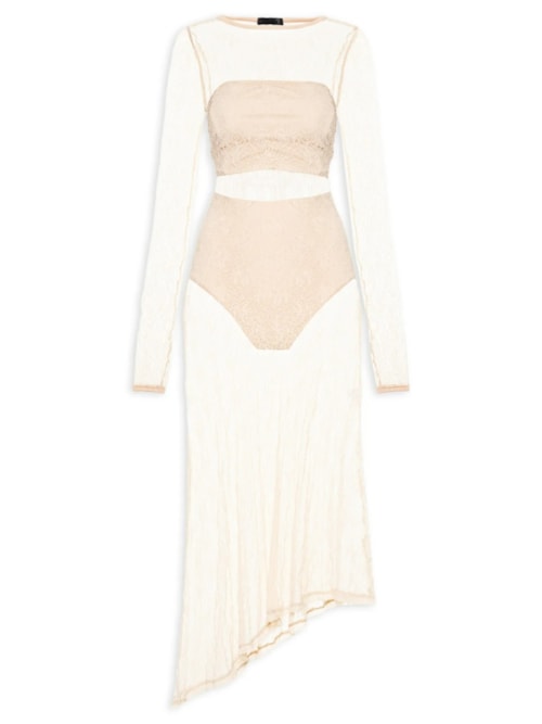 Vestido Midi Com Fenda Nas Costas Em Renda – Bege