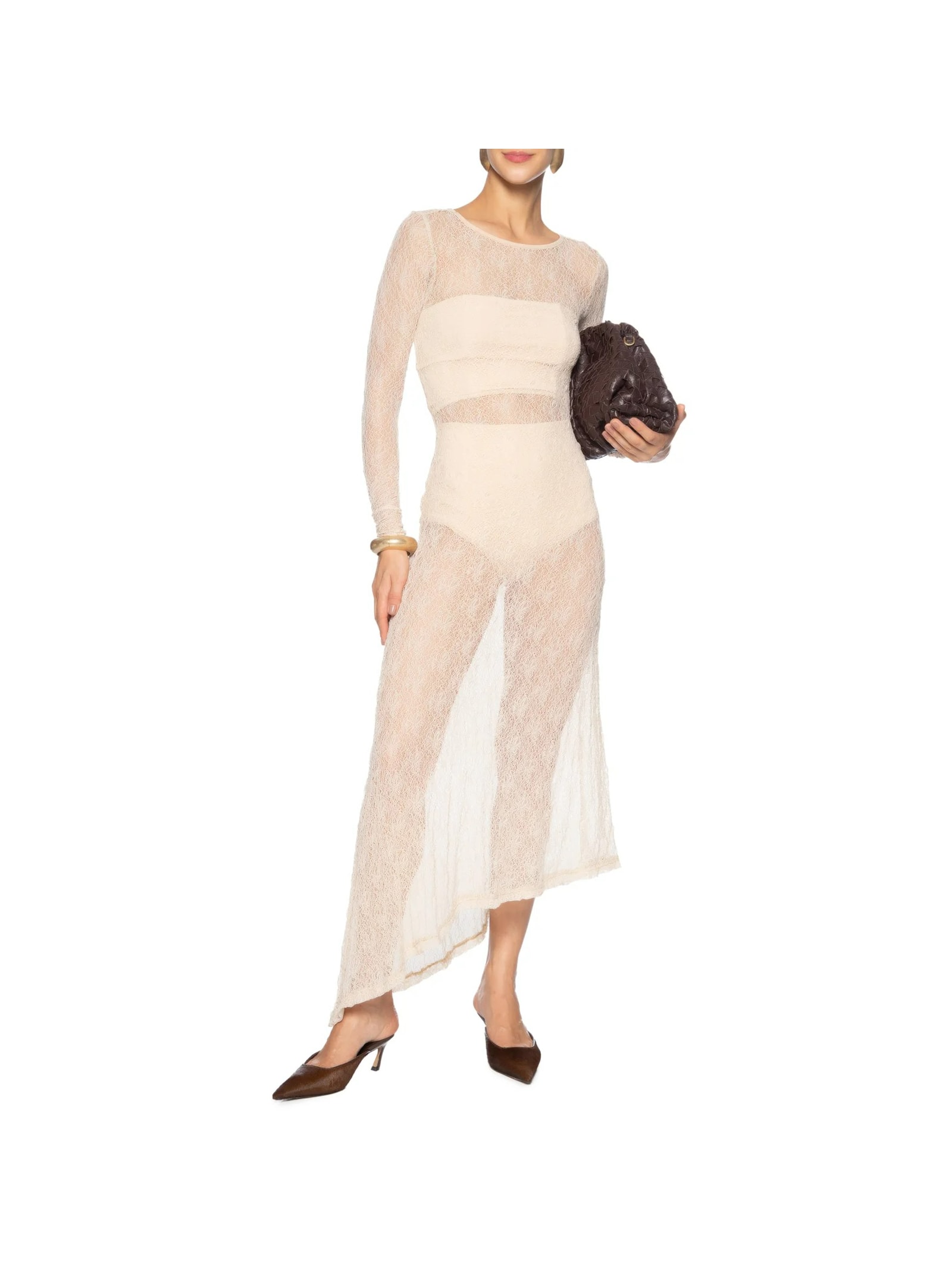 Vestido Midi Com Fenda Nas Costas Em Renda Bege '2Essential