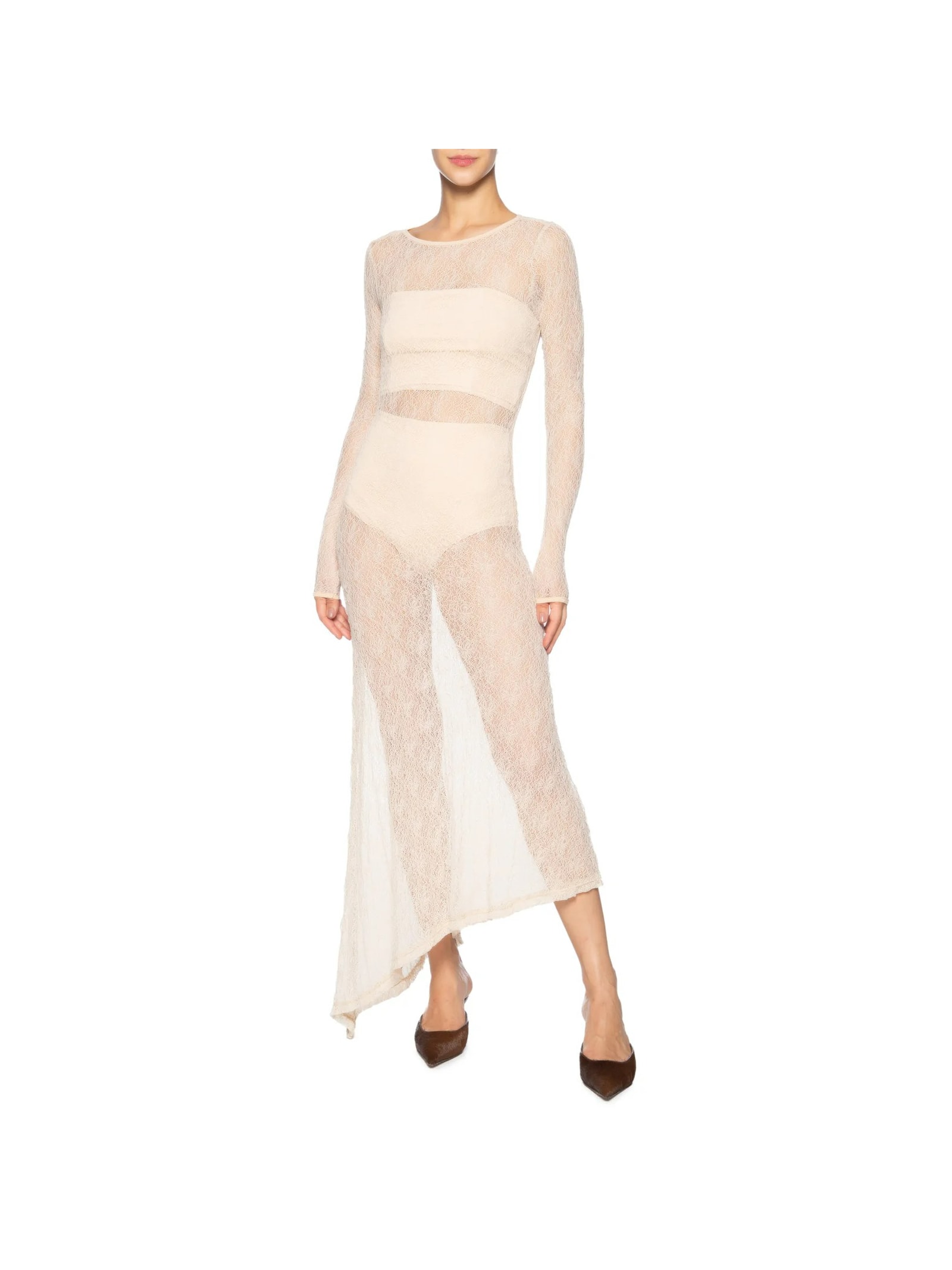 Vestido Midi Com Fenda Nas Costas Em Renda Bege '2Essential