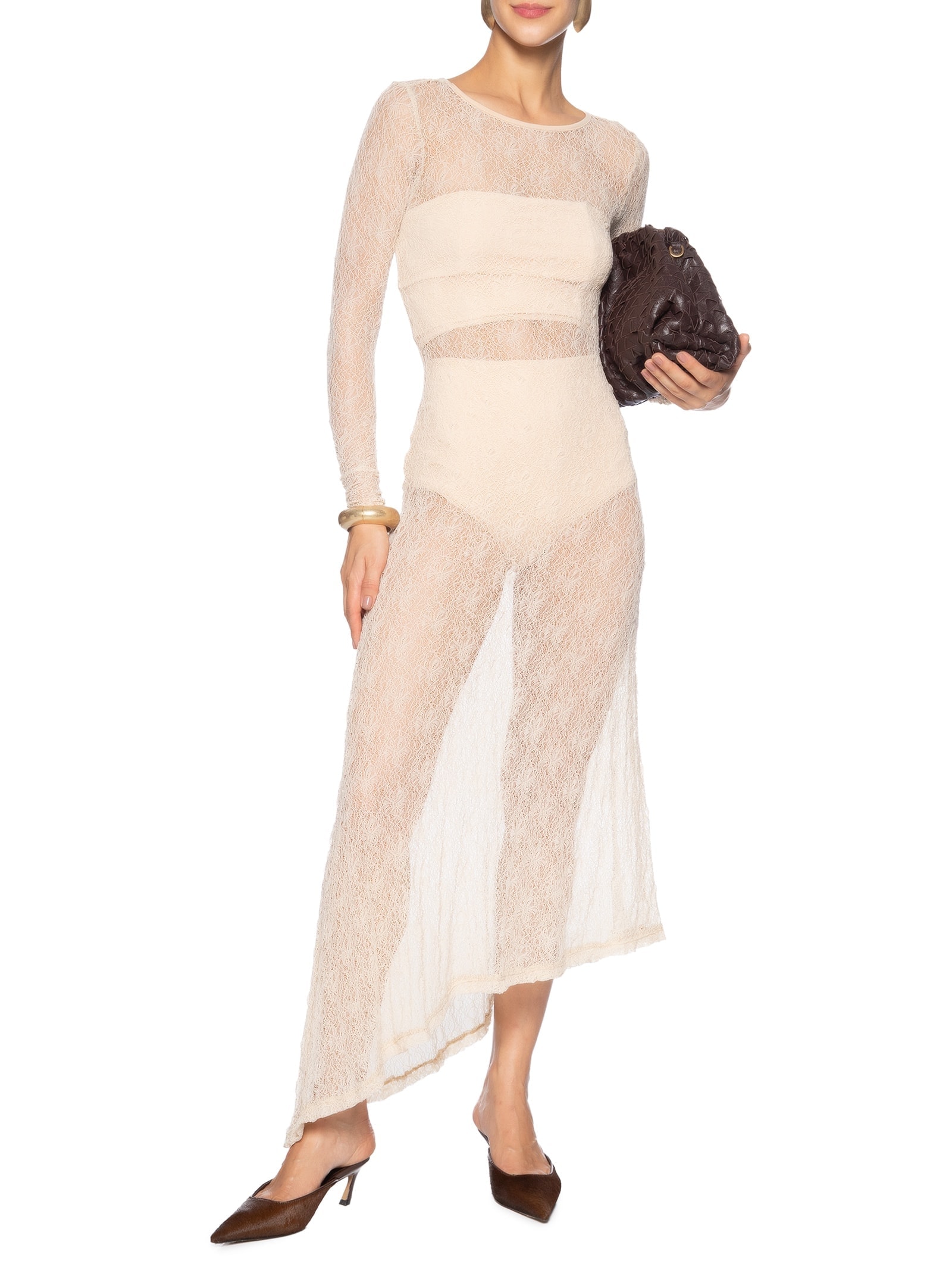 Vestido Midi Com Fenda Nas Costas Em Renda Bege '2Essential