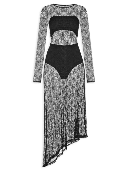 Vestido Midi Com Fenda Nas Costas Em Renda – Preto