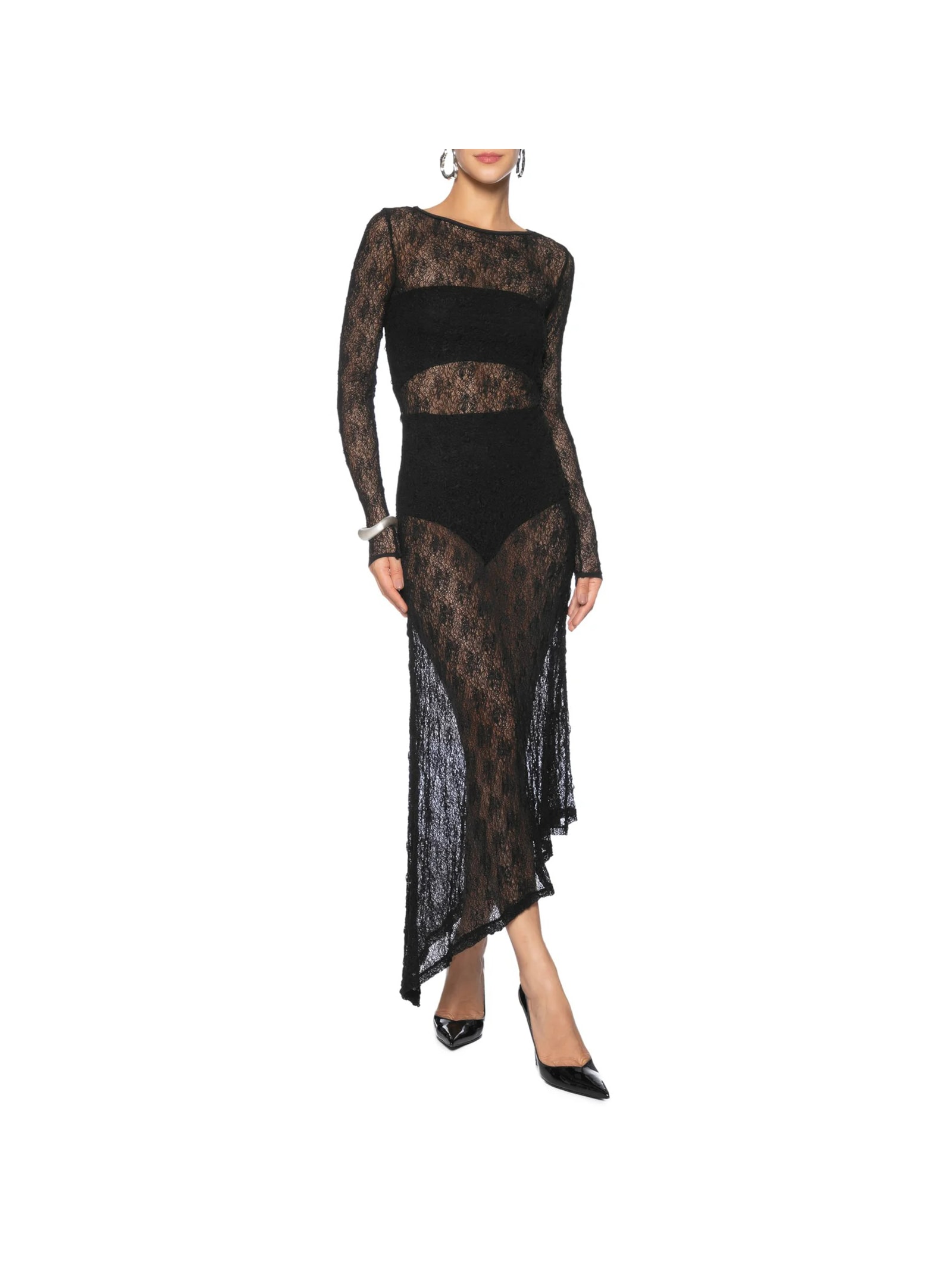 Vestido Midi Com Fenda Nas Costas Em Renda Preto '2Essential