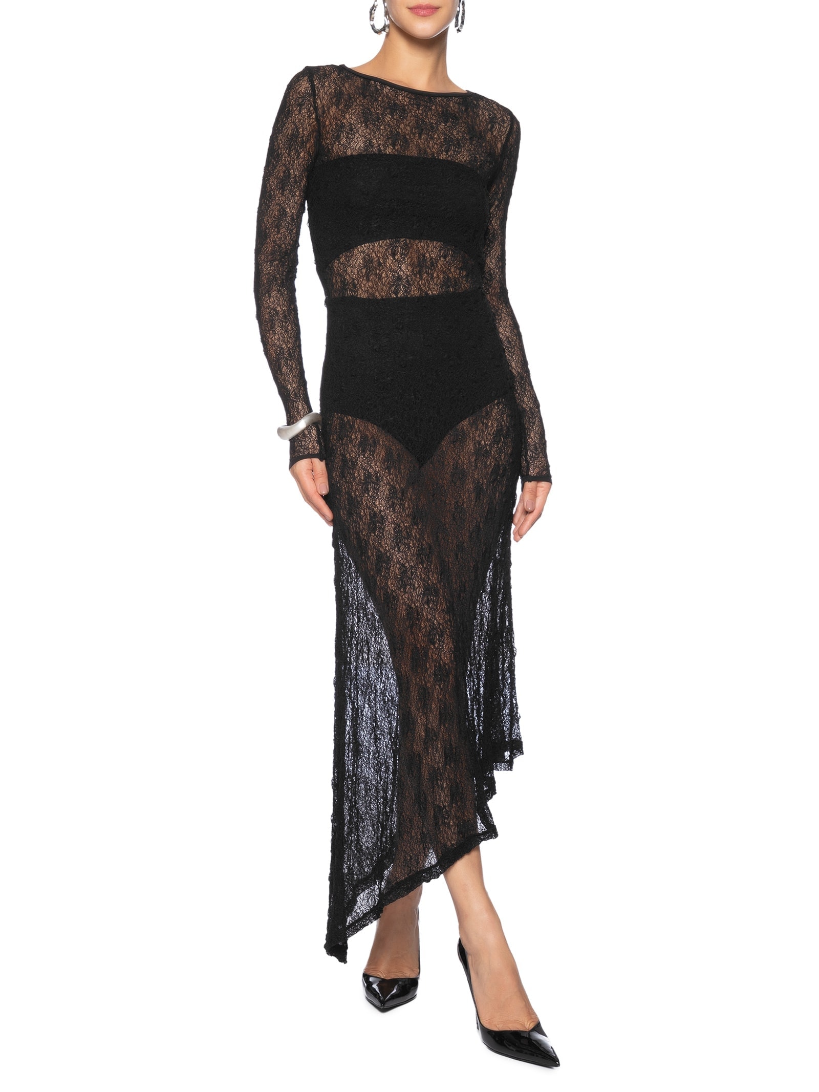 Vestido Midi Com Fenda Nas Costas Em Renda Preto '2Essential