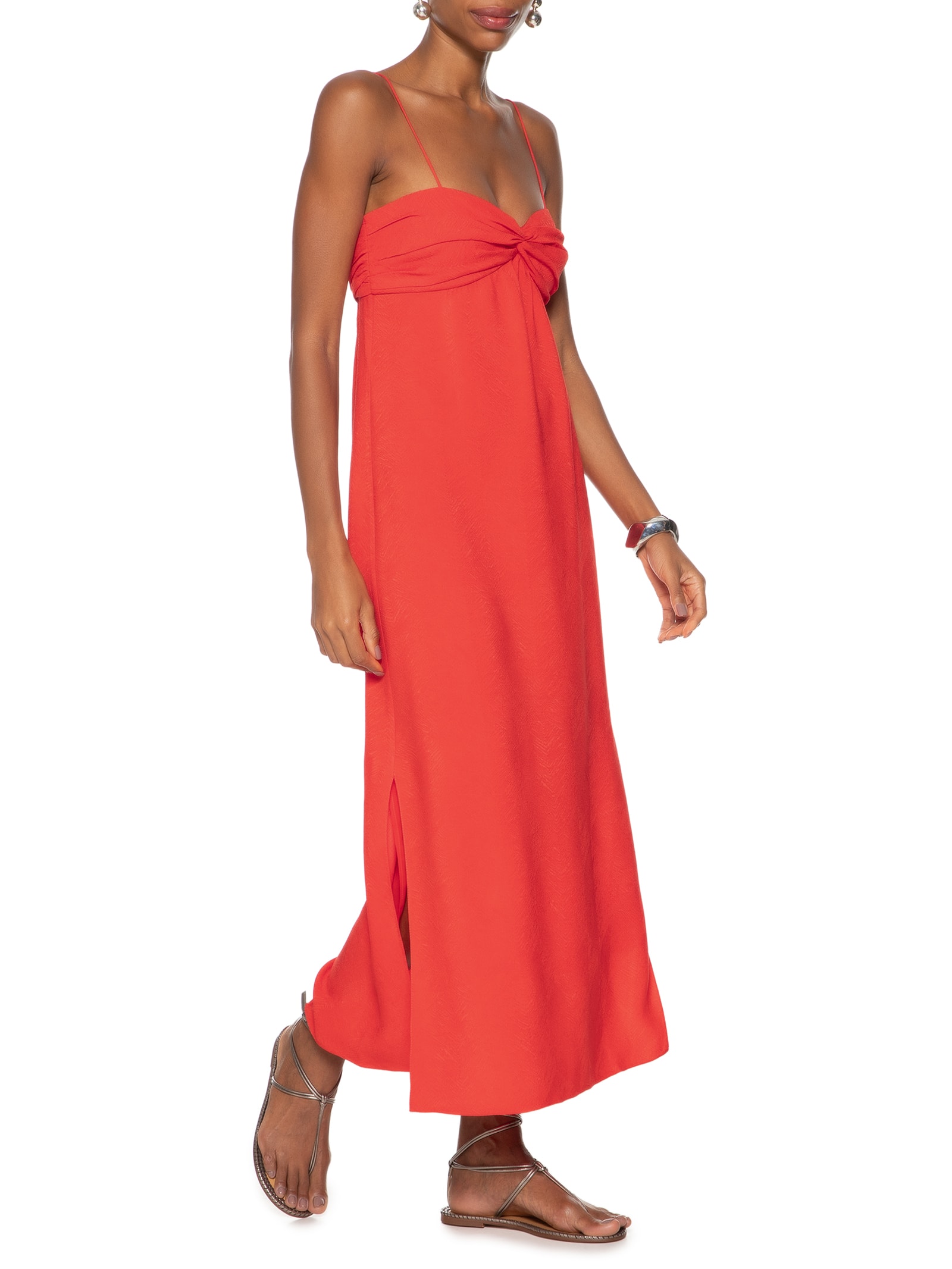 Vestido Midi De Alça Vermelho Busto Franzido Vermelho Animale