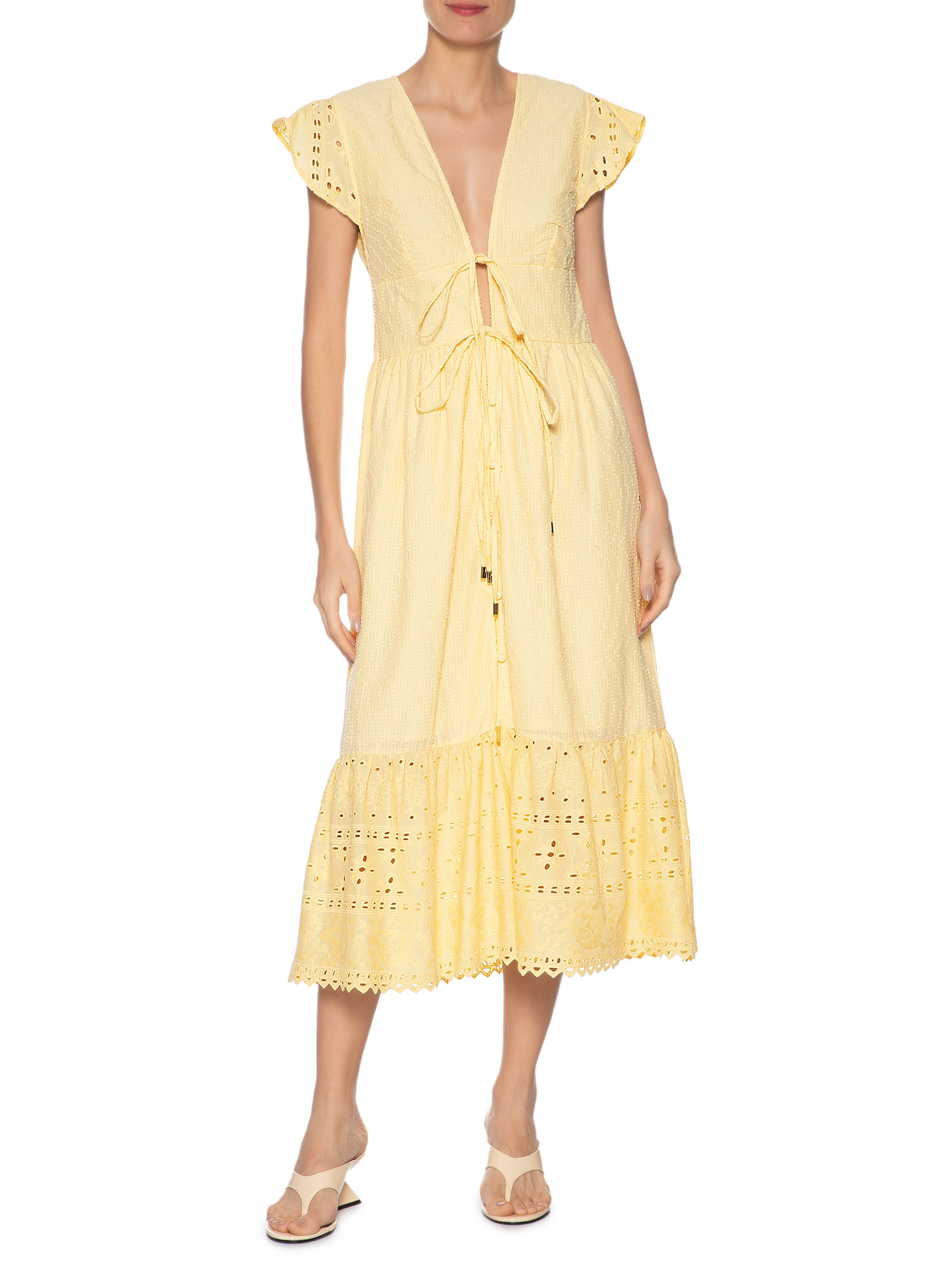 Vestido Midi De Algodão Maquinetado Amarelo Animale Jeans