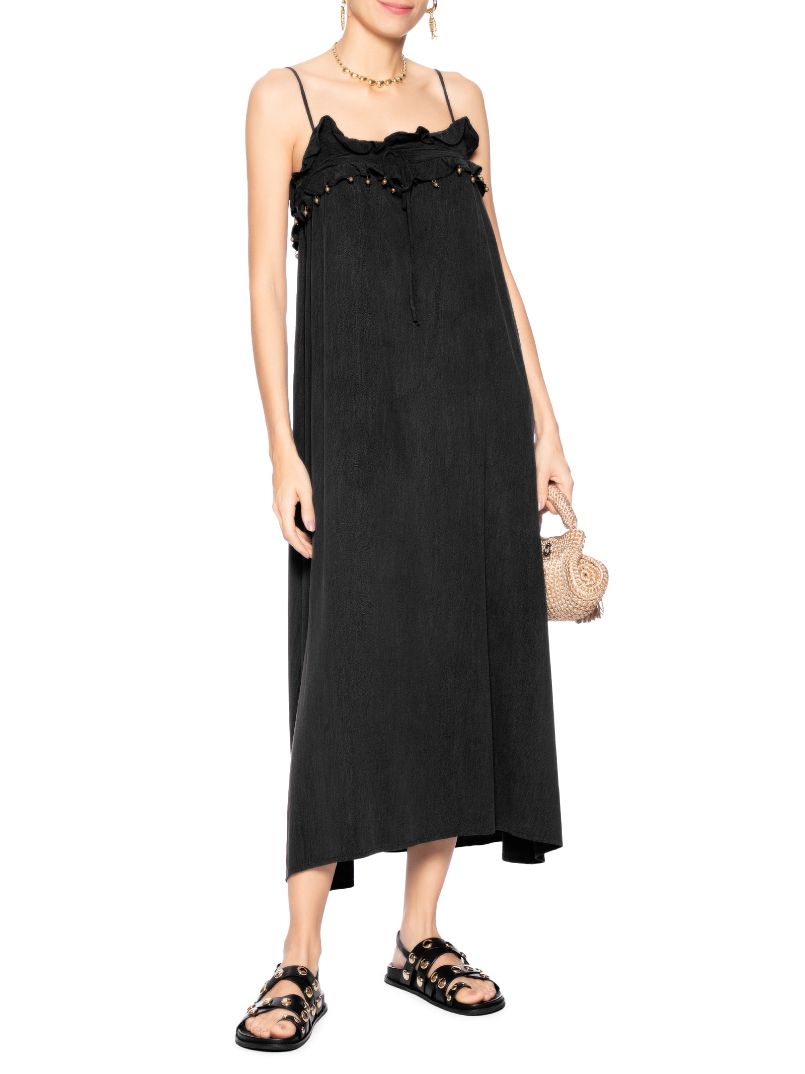 Vestido Midi Decote Babado Preto Maria Filó