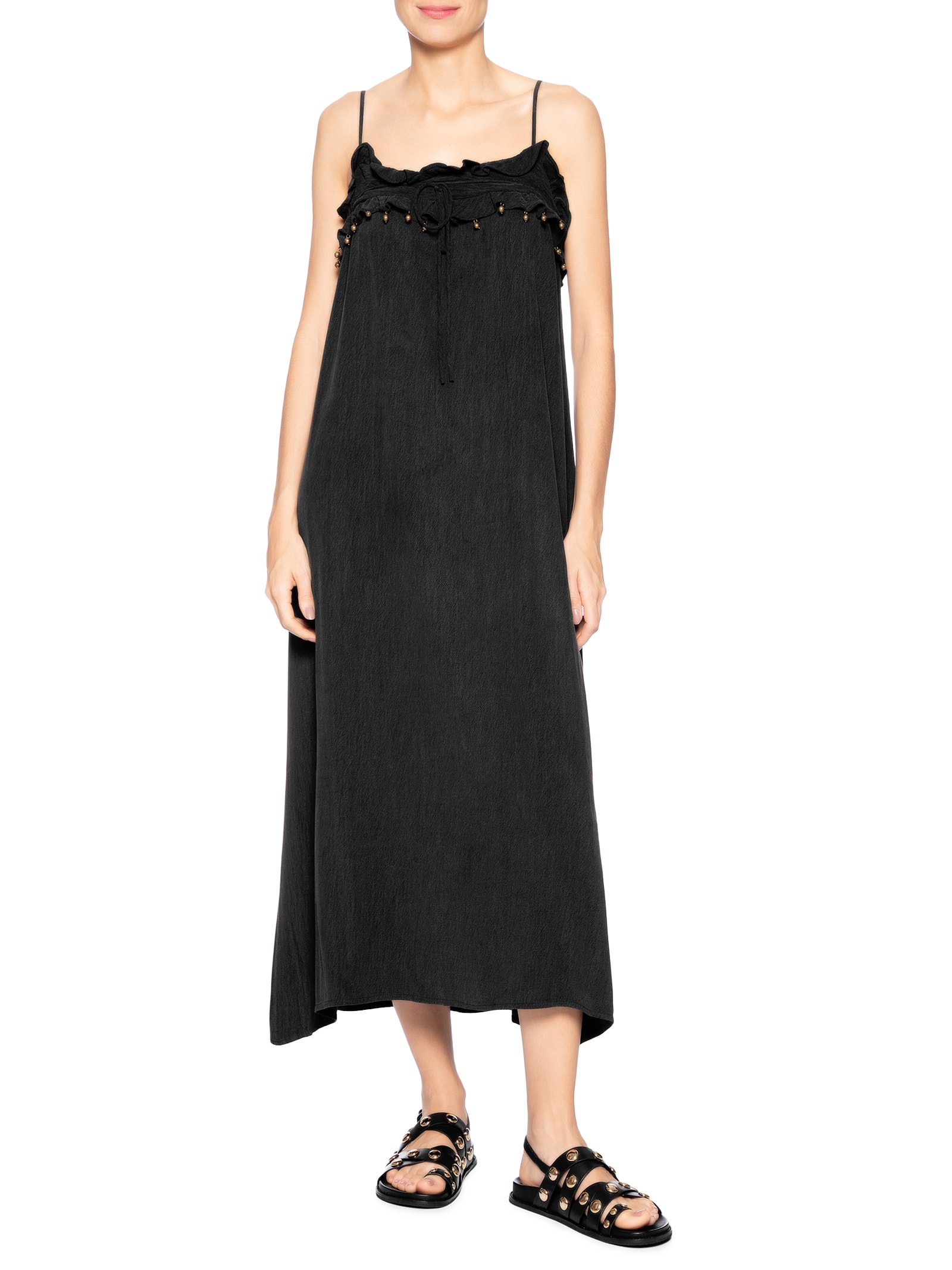 Vestido Midi Decote Babado Preto Maria Filó