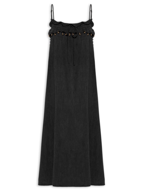 Vestido Midi Decote Babado – Preto