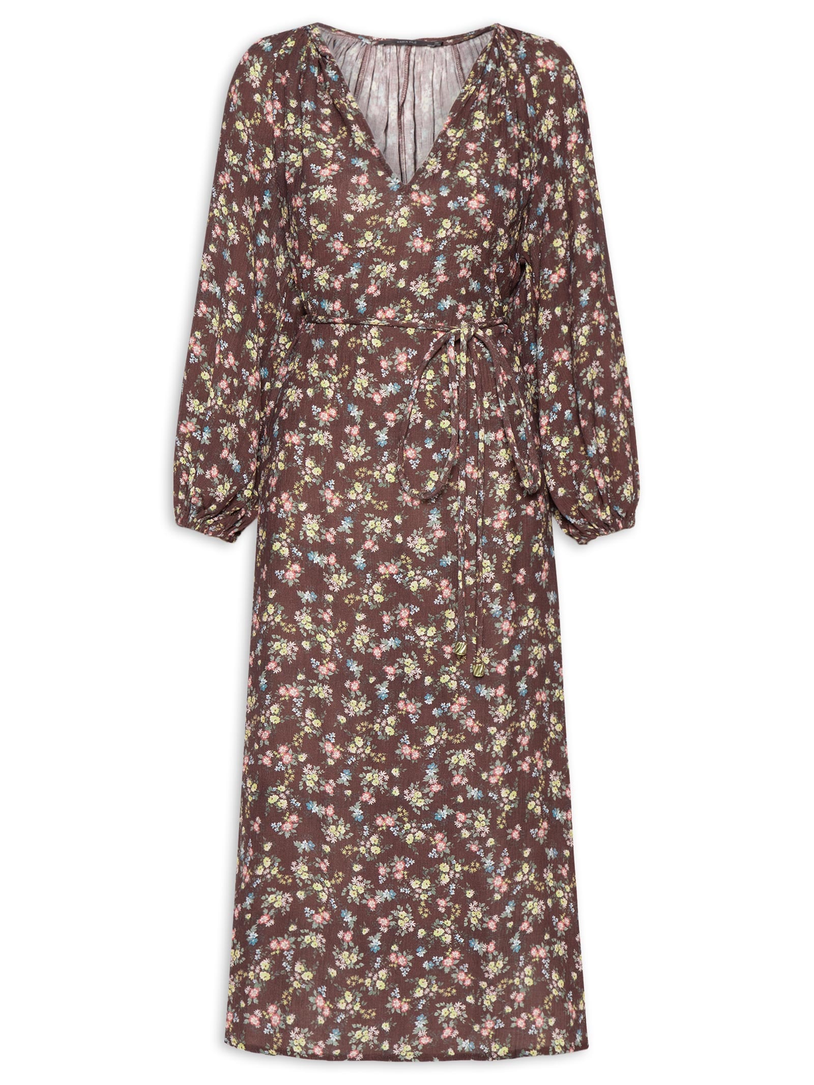Vestido Midi Decote Estampa Blumi Marrom Maria Filó