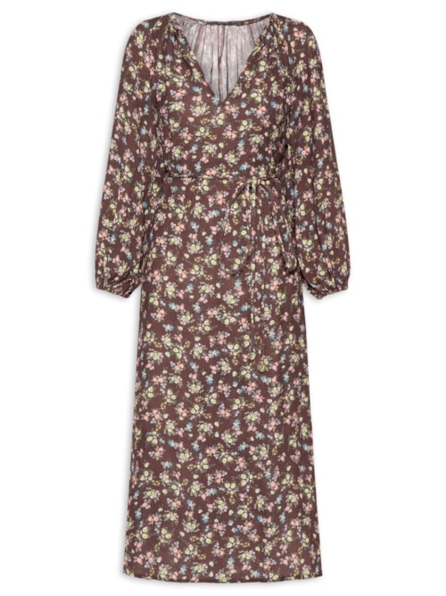 Vestido Midi Decote Estampa Blumi - Marrom